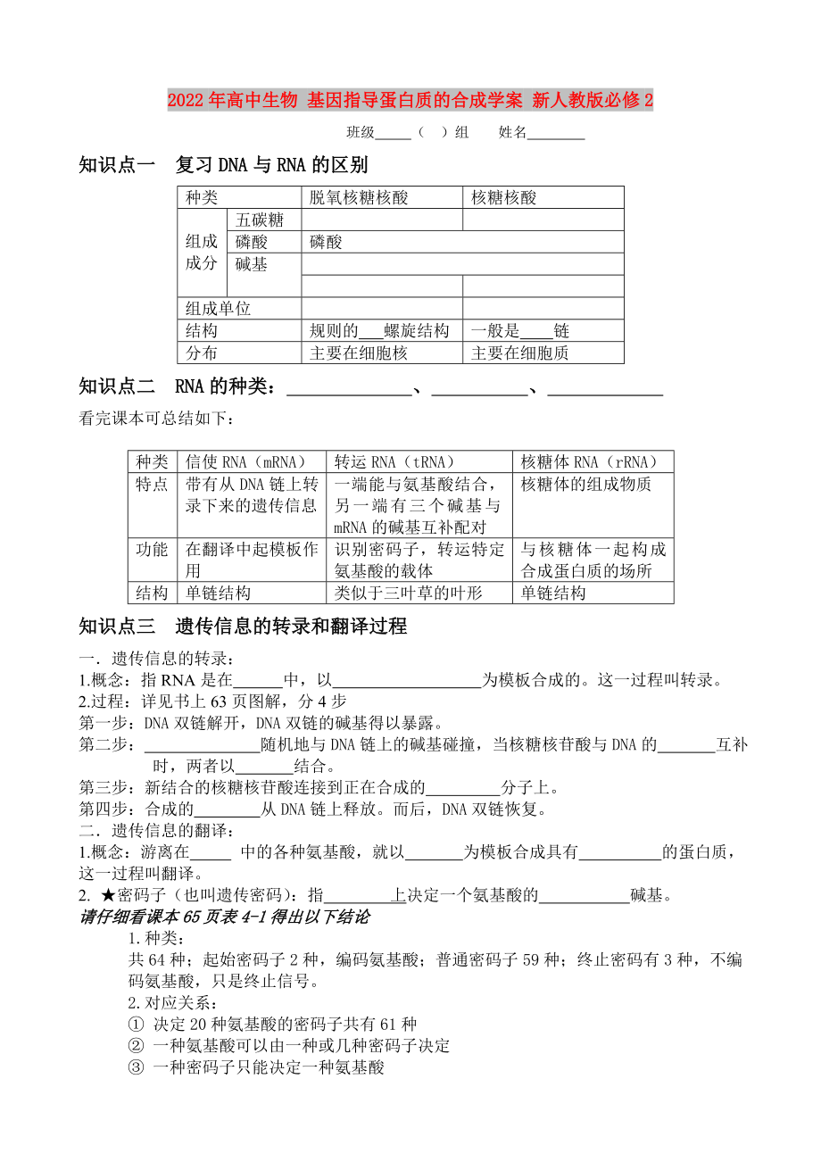 2022年高中生物 基因指導(dǎo)蛋白質(zhì)的合成學(xué)案 新人教版必修2_第1頁(yè)