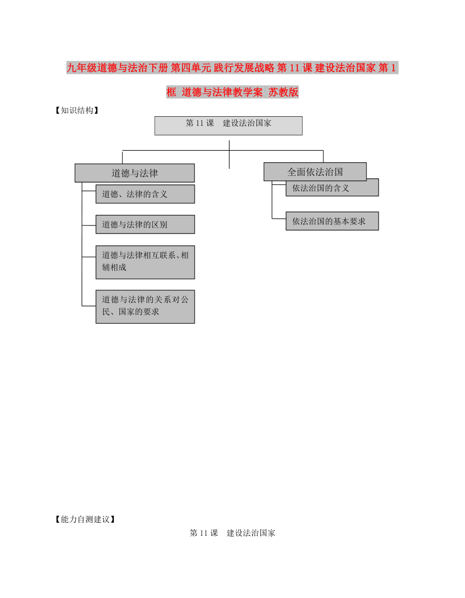 九年級道德與法治下冊 第四單元 踐行發(fā)展戰(zhàn)略 第11課 建設法治國家 第1框 道德與法律教學案 蘇教版_第1頁