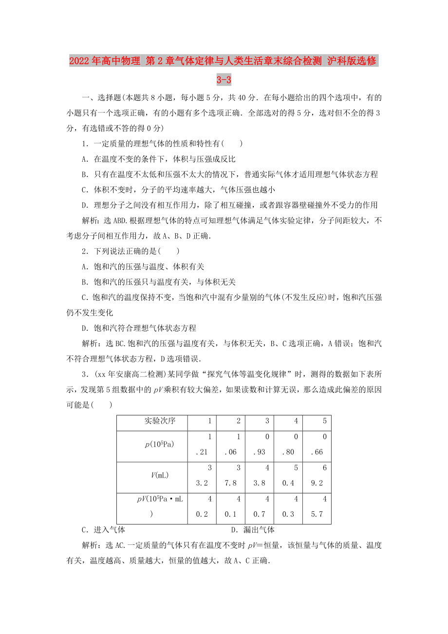 2022年高中物理 第2章氣體定律與人類生活章末綜合檢測(cè) 滬科版選修3-3_第1頁