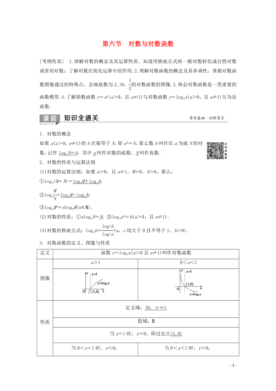 2020版高考數(shù)學(xué)一輪復(fù)習(xí) 第2章 函數(shù)、導(dǎo)數(shù)及其應(yīng)用 第6節(jié) 對數(shù)與對數(shù)函數(shù)教學(xué)案 理（含解析）北師大版_第1頁