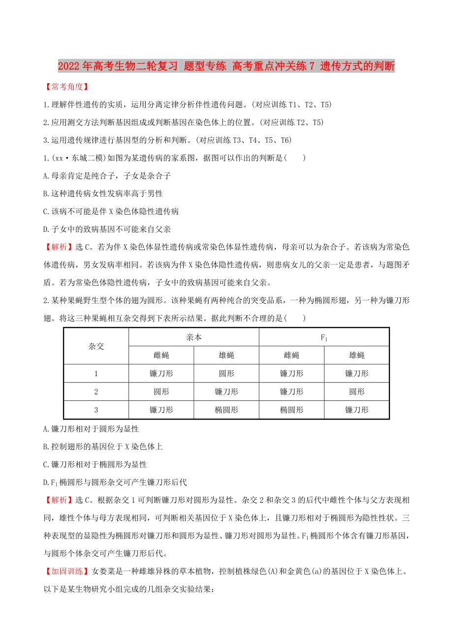 2022年高考生物二輪復(fù)習(xí) 題型專練 高考重點(diǎn)沖關(guān)練7 遺傳方式的判斷_第1頁