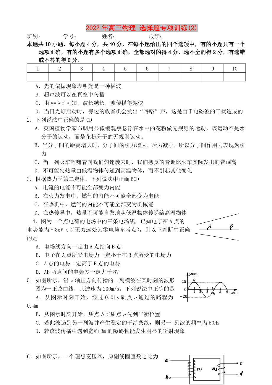 2022年高三物理 選擇題專項訓(xùn)練(2)_第1頁