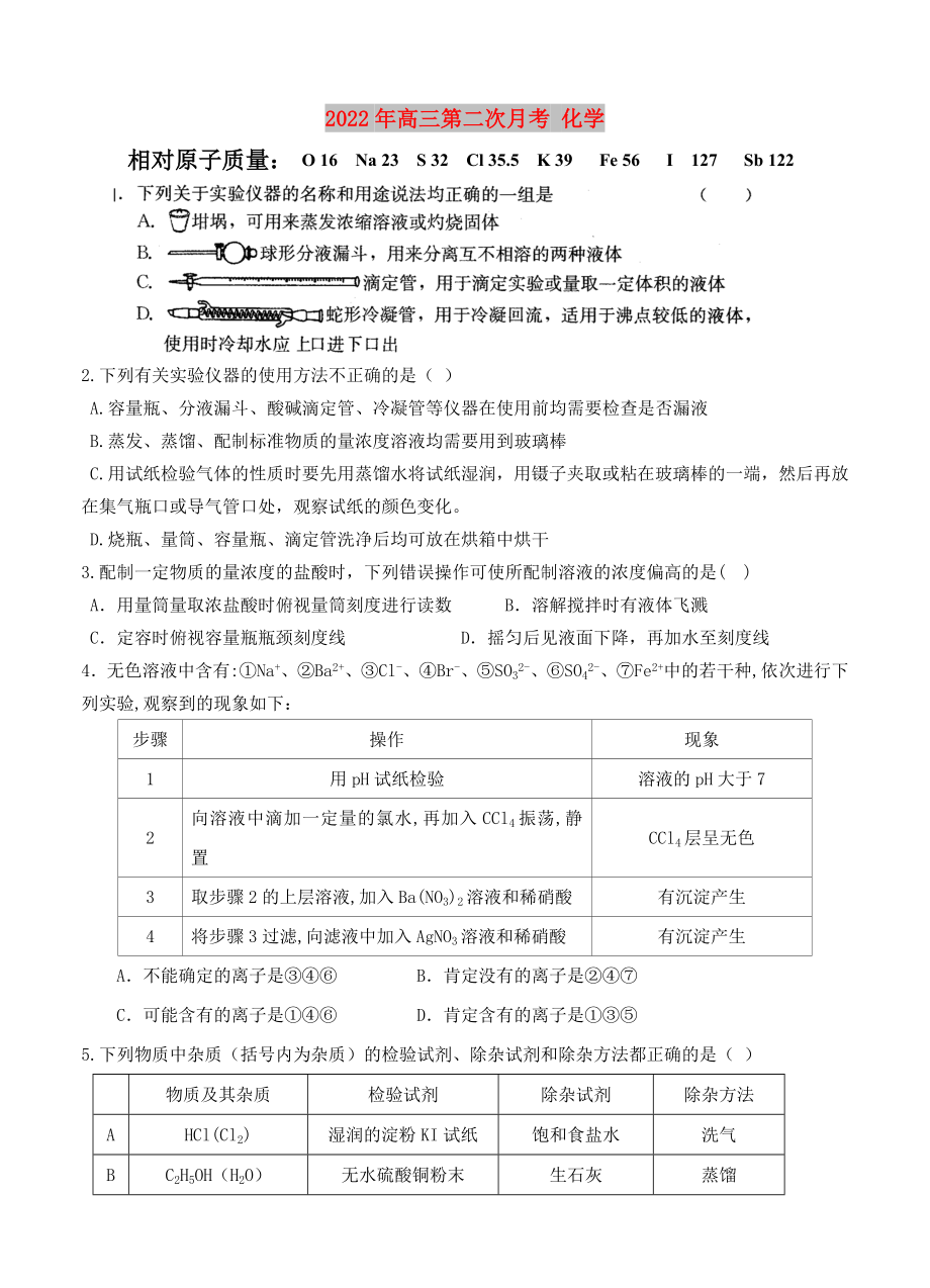 2022年高三第二次月考 化學_第1頁