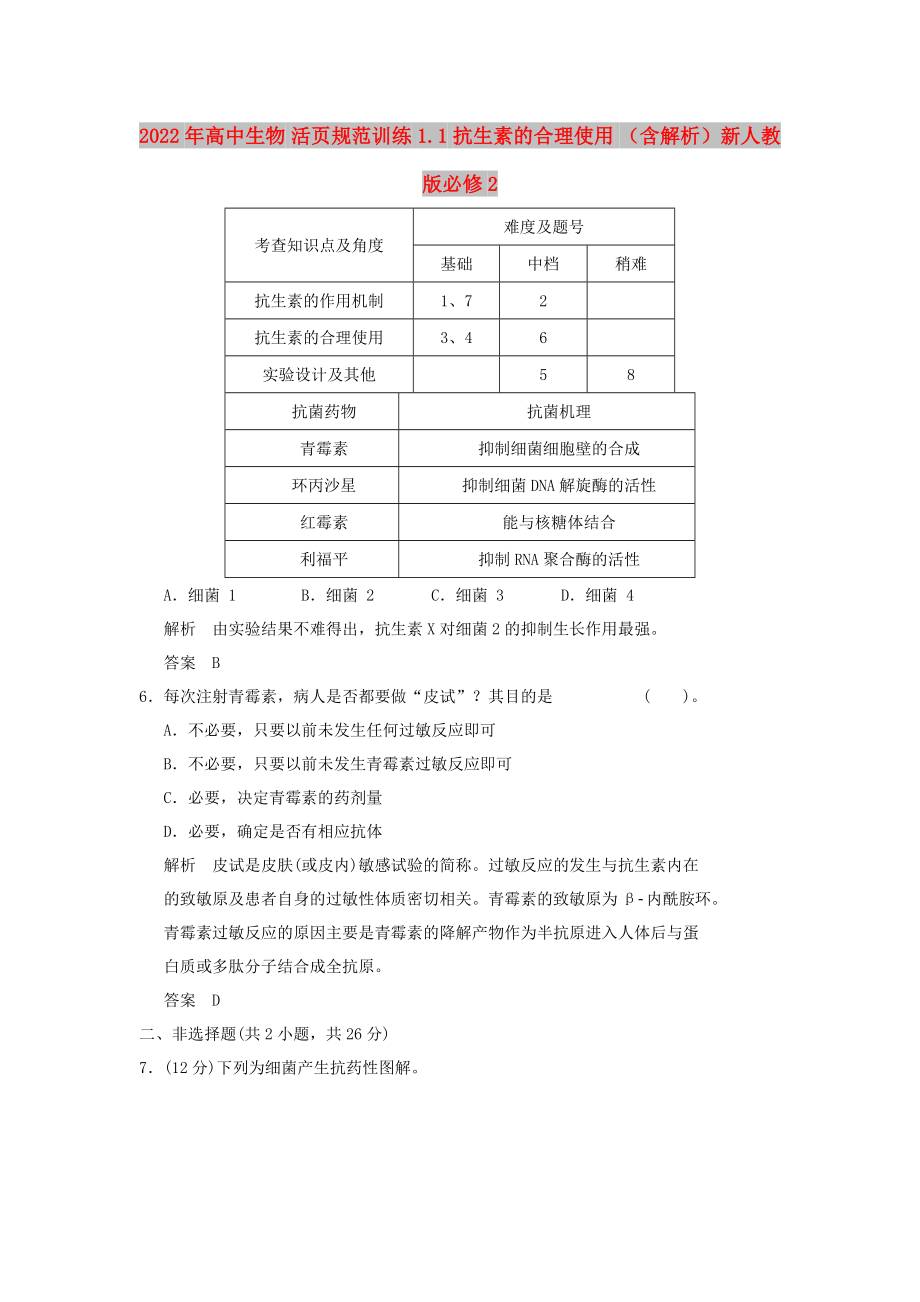 2022年高中生物 活頁規(guī)范訓(xùn)練 1.1 抗生素的合理使用 （含解析）新人教版必修2_第1頁