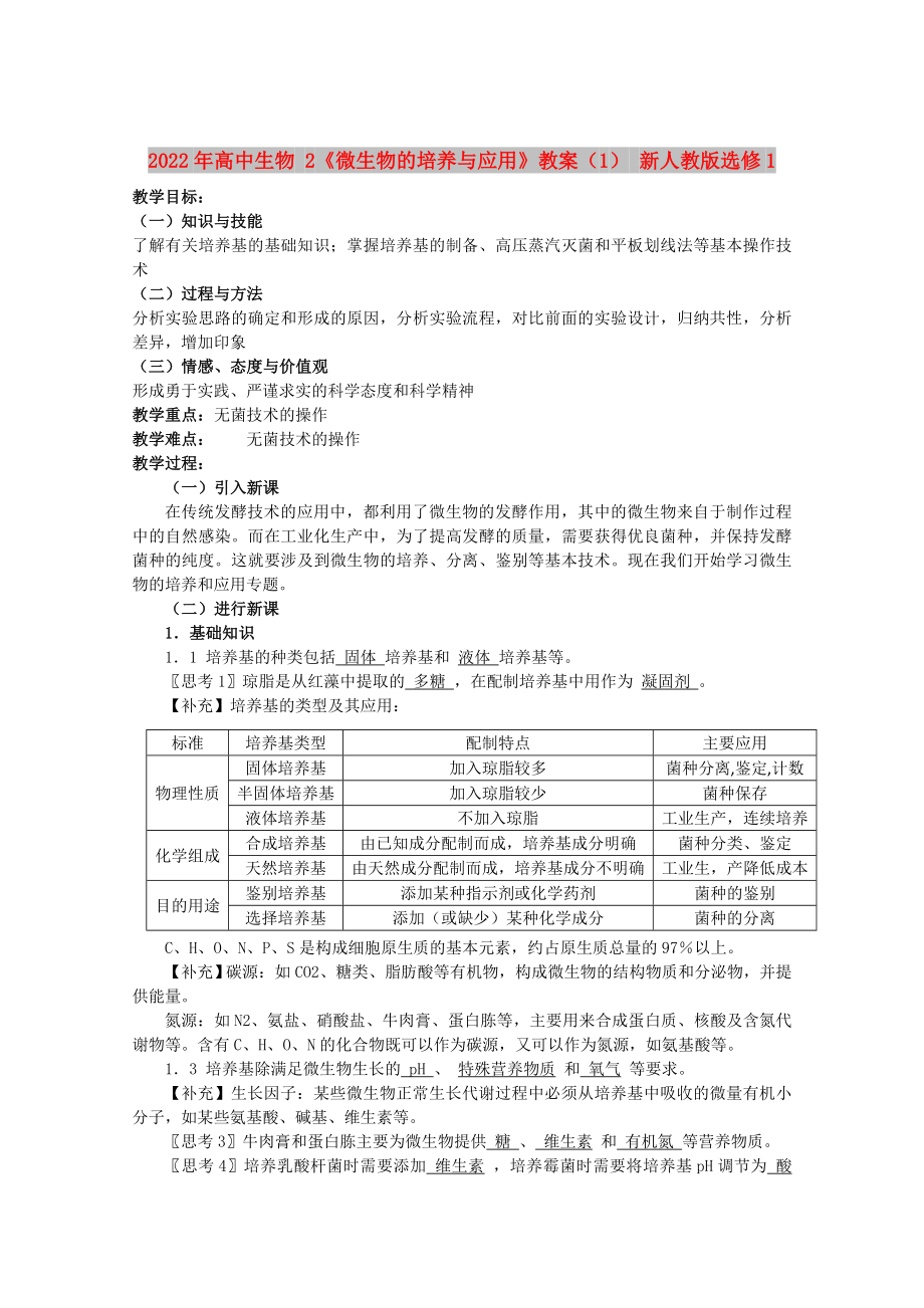 2022年高中生物 2《微生物的培養(yǎng)與應用》教案（1） 新人教版選修1_第1頁