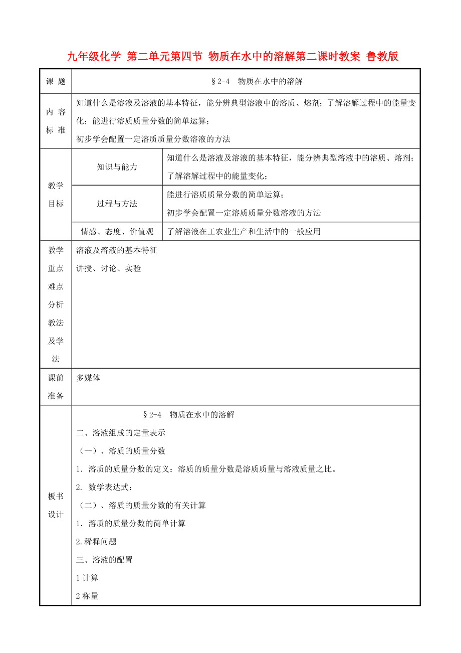 九年级化学 第二单元第四节 物质在水中的溶解第二课时教案 鲁教版_第1页