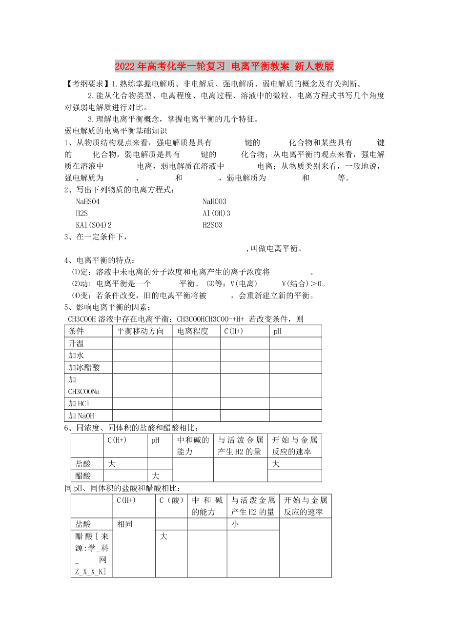 2022年高考化學(xué)一輪復(fù)習(xí) 電離平衡教案 新人教版_第1頁