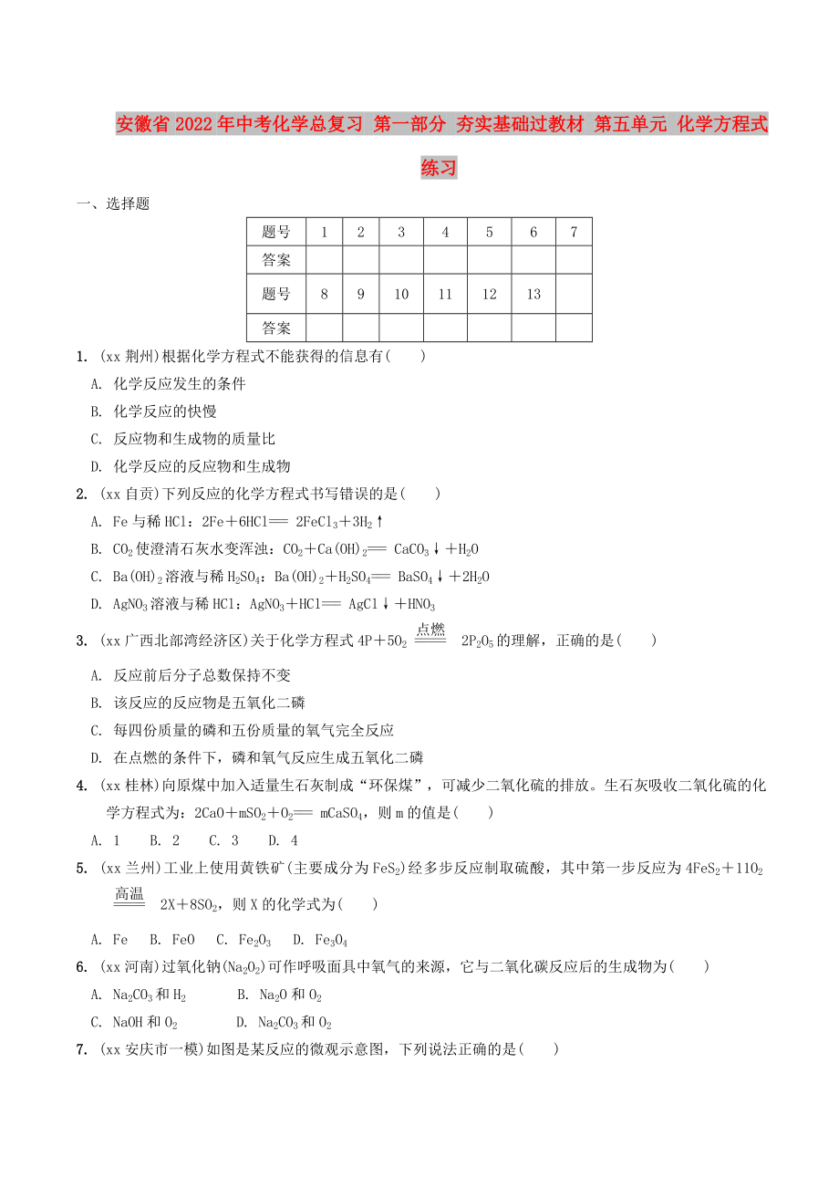 安徽省2022年中考化學(xué)總復(fù)習(xí) 第一部分 夯實基礎(chǔ)過教材 第五單元 化學(xué)方程式練習(xí)_第1頁