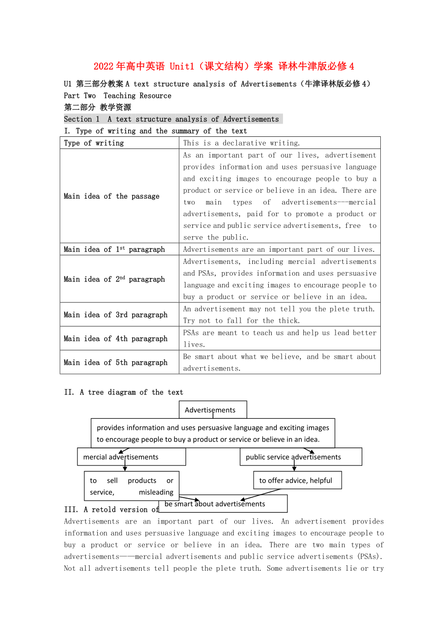 2022年高中英語 Unit1（課文結(jié)構(gòu)）學(xué)案 譯林牛津版必修4_第1頁