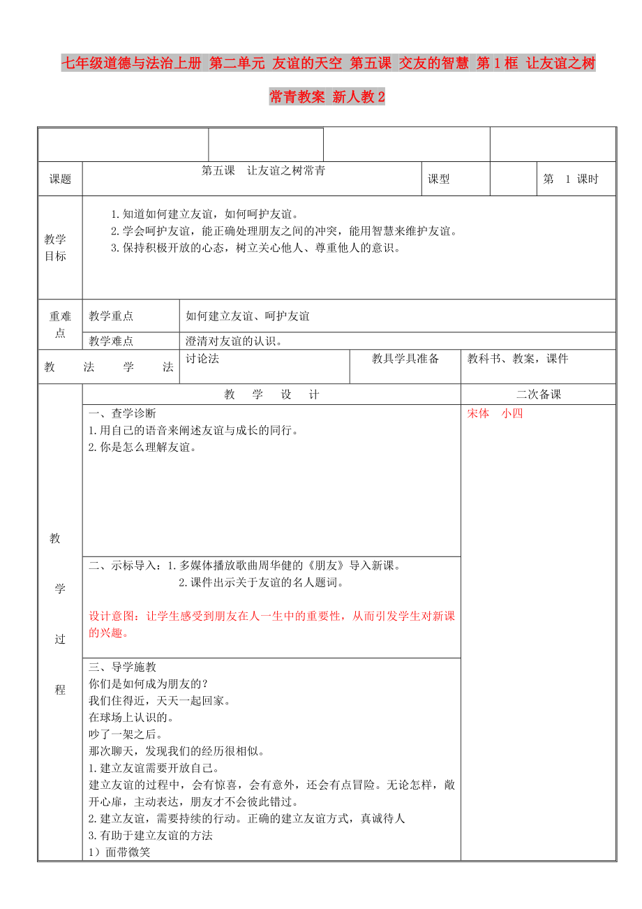 七年級道德與法治上冊 第二單元 友誼的天空 第五課 交友的智慧 第1框 讓友誼之樹常青教案 新人教2_第1頁