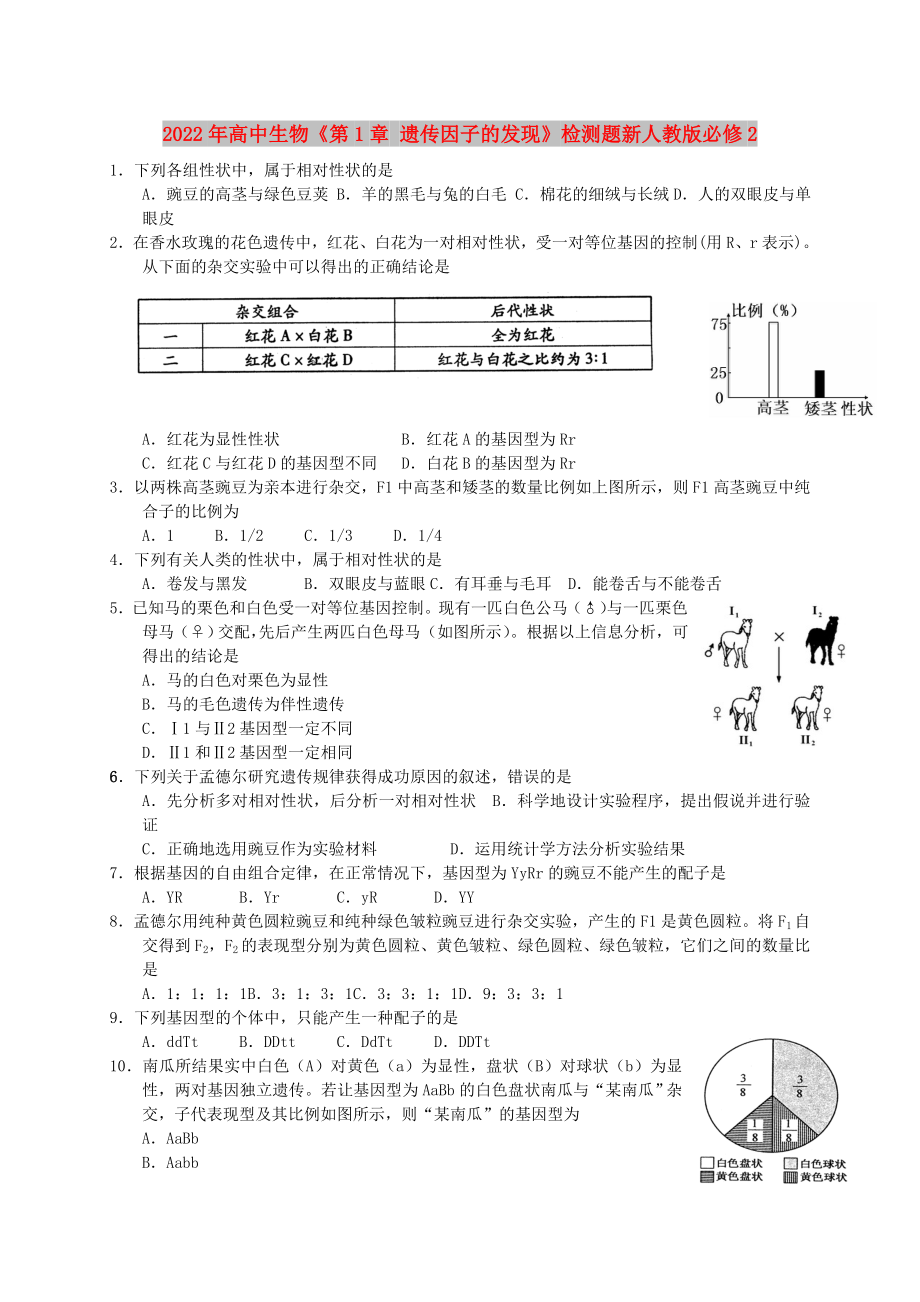 2022年高中生物《第1章 遺傳因子的發(fā)現(xiàn)》檢測題新人教版必修2_第1頁