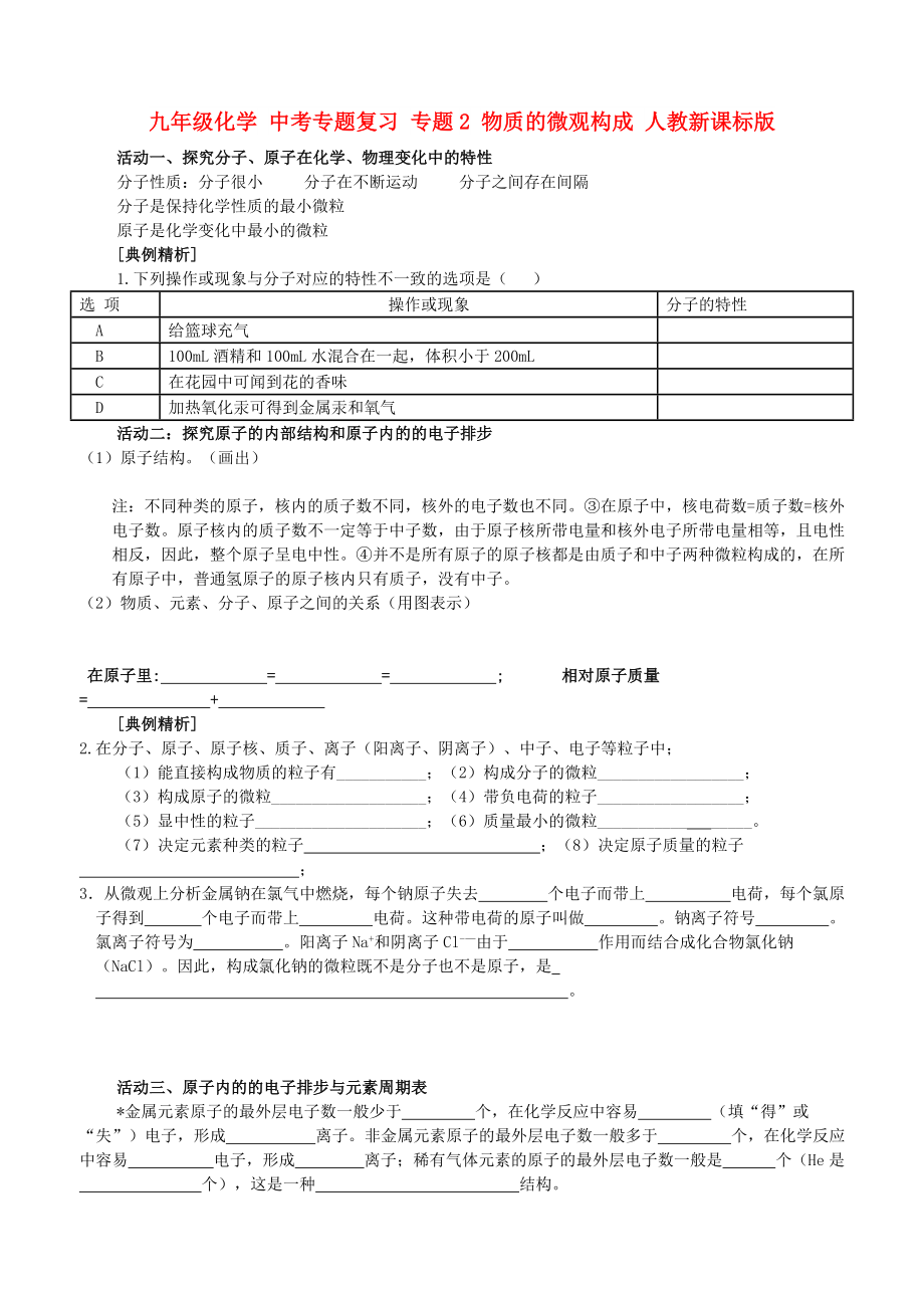 九年級化學 中考專題復習 專題2 物質的微觀構成 人教新課標版_第1頁