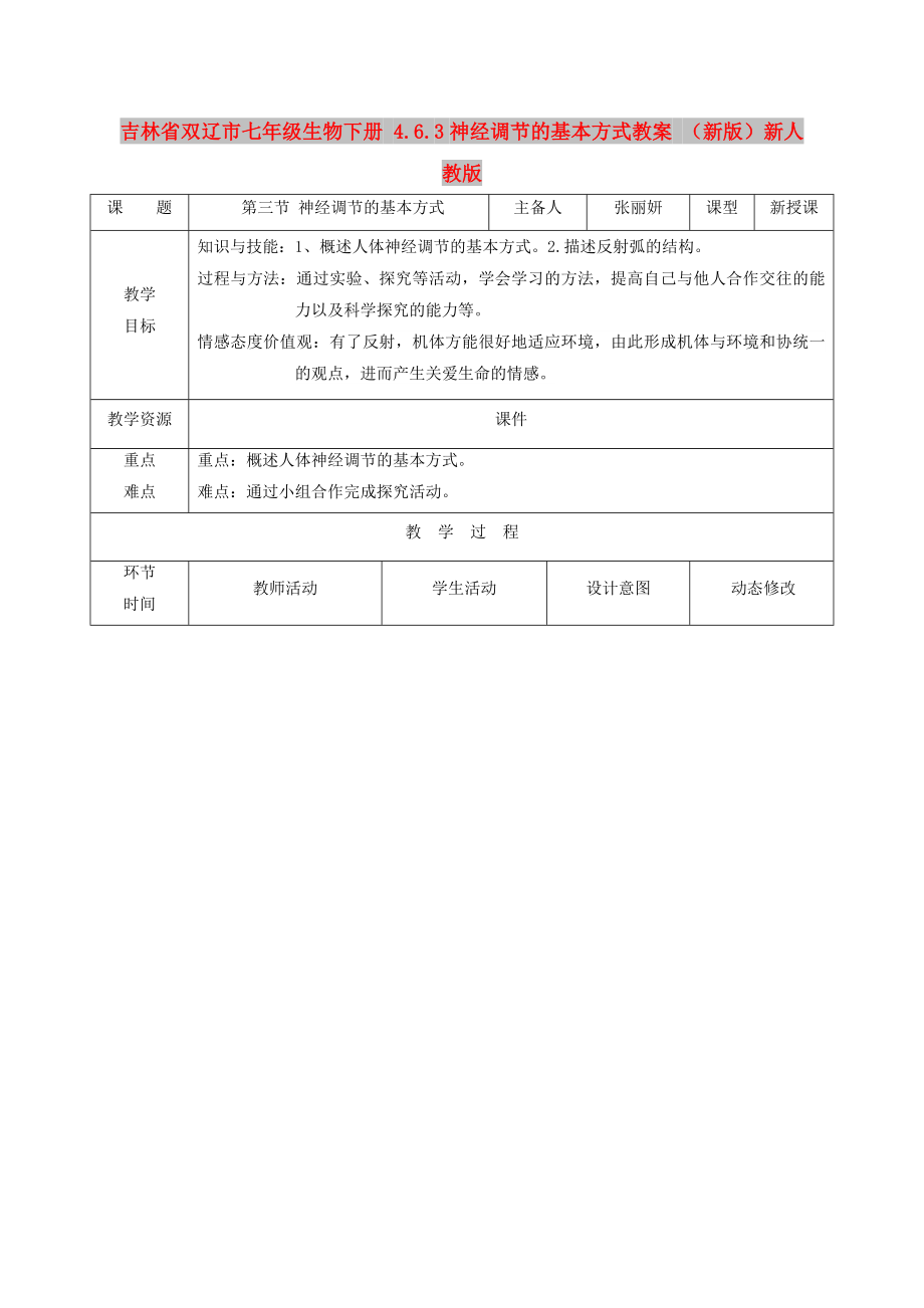 吉林省雙遼市七年級生物下冊 4.6.3神經調節(jié)的基本方式教案 （新版）新人教版_第1頁