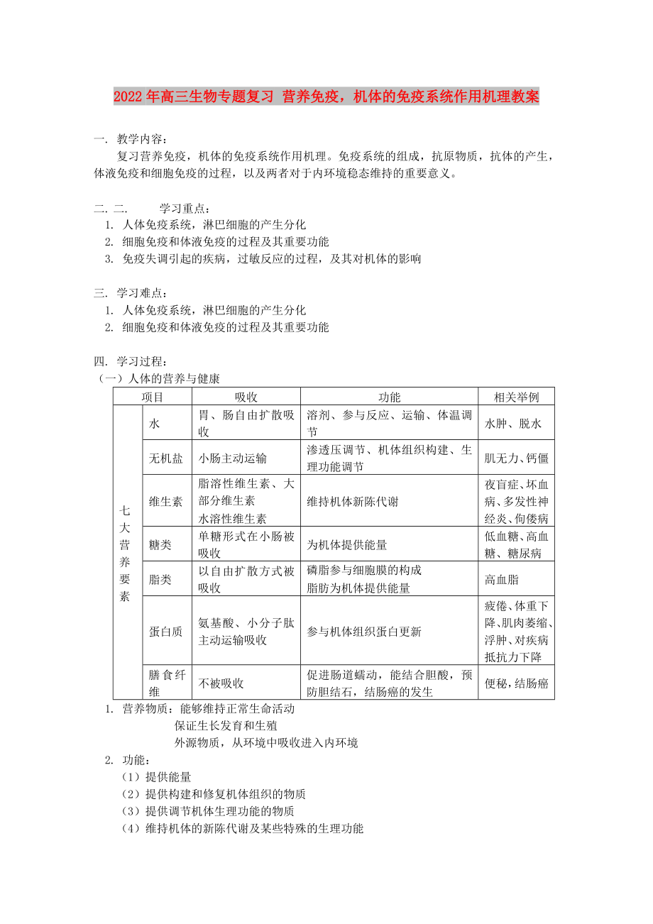 2022年高三生物专题复习 营养免疫机体的免疫系统作用机理教案_第1页