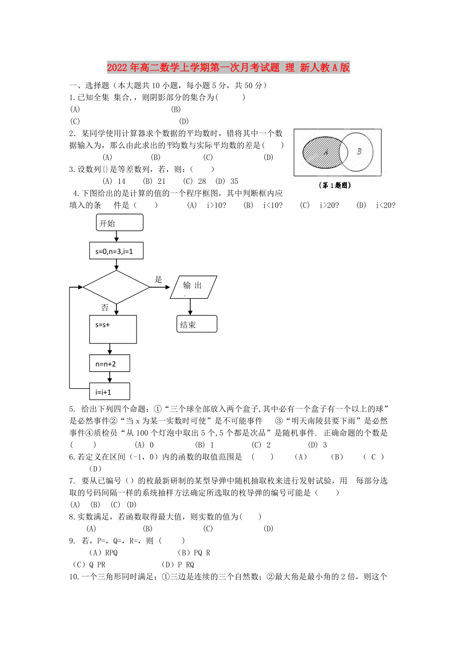 2022年高二數(shù)學(xué)上學(xué)期第一次月考試題 理 新人教A版_第1頁(yè)