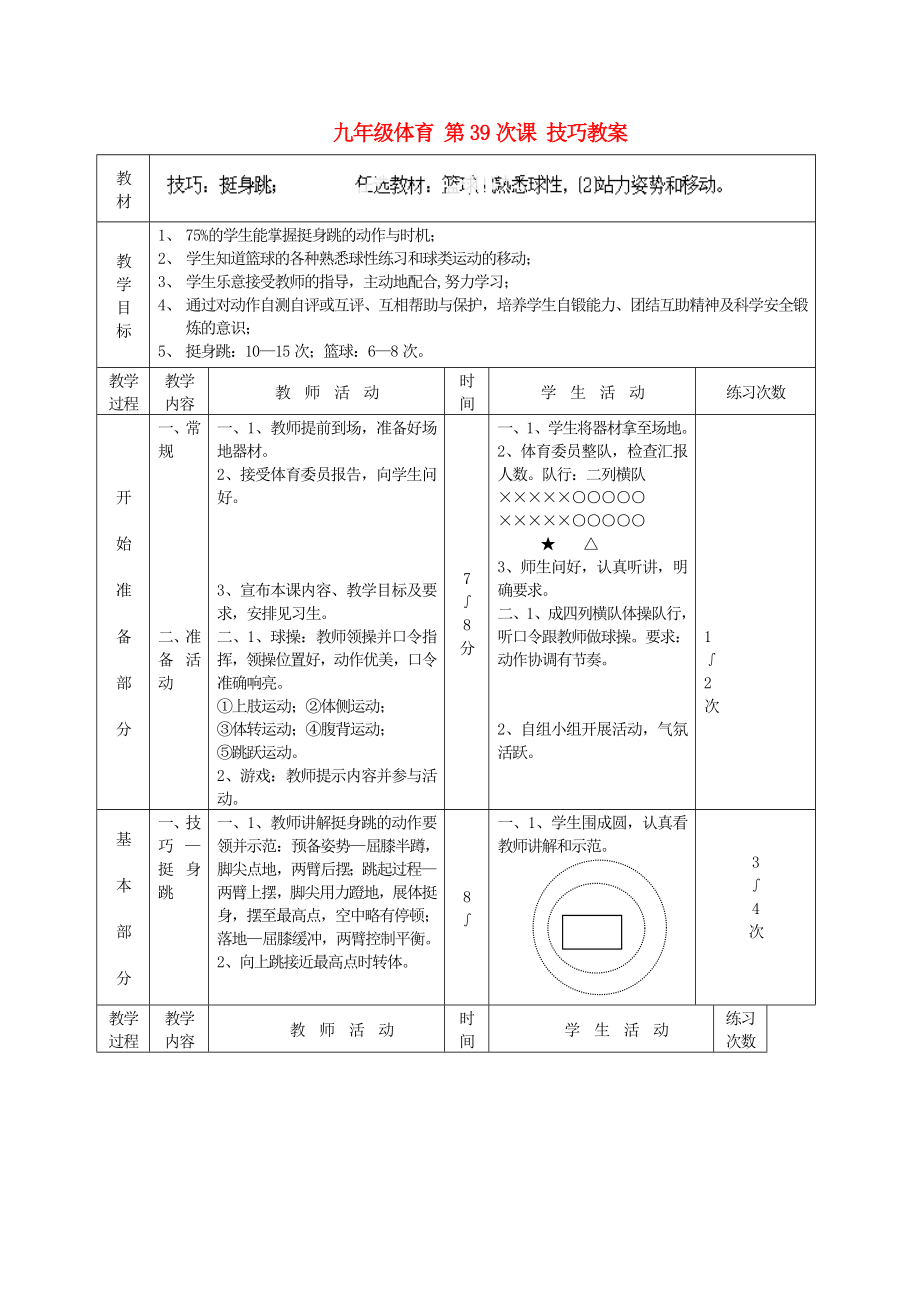 九年級體育 第39次課 技巧教案_第1頁