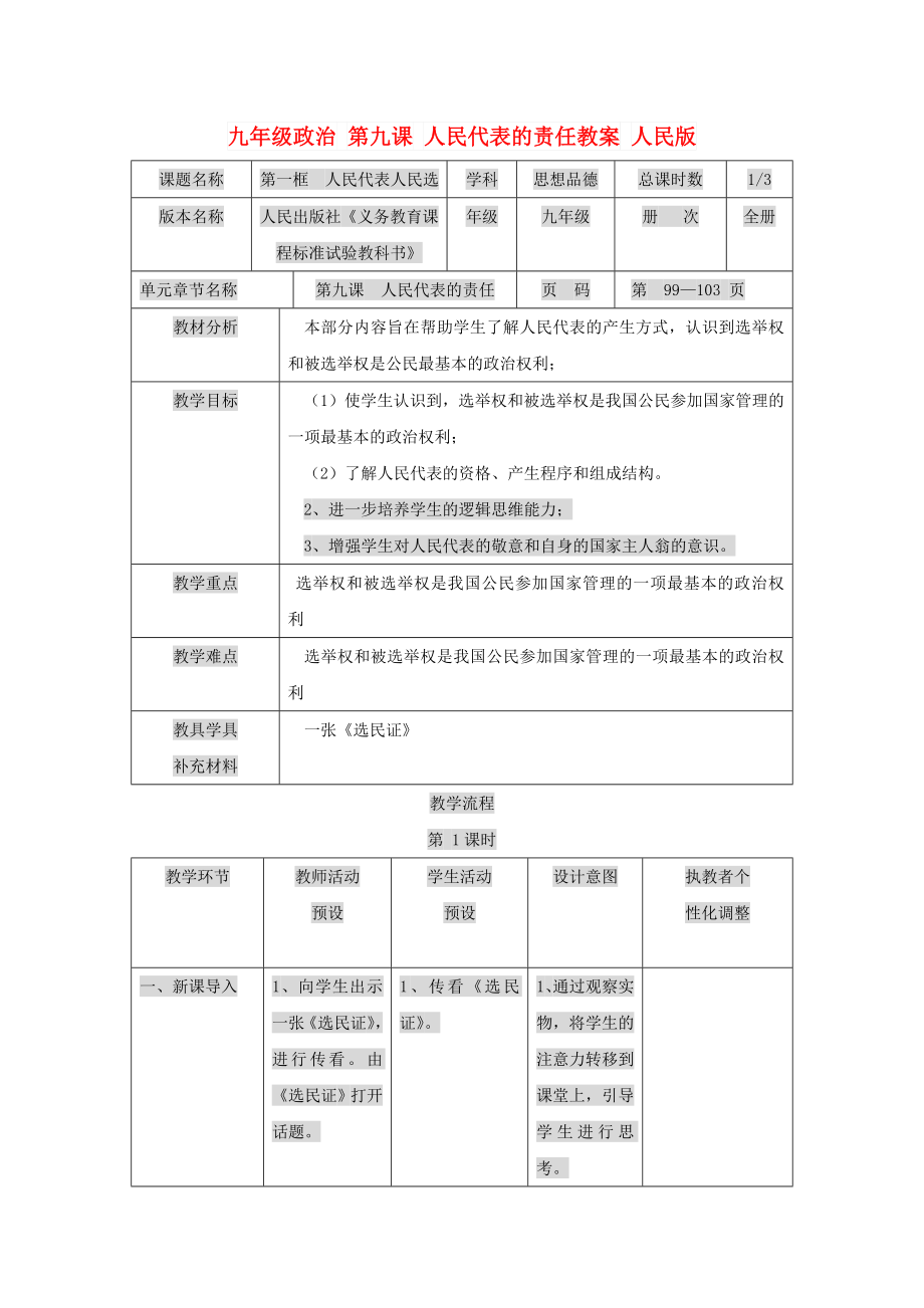 九年級(jí)政治 第九課 人民代表的責(zé)任教案 人民版_第1頁