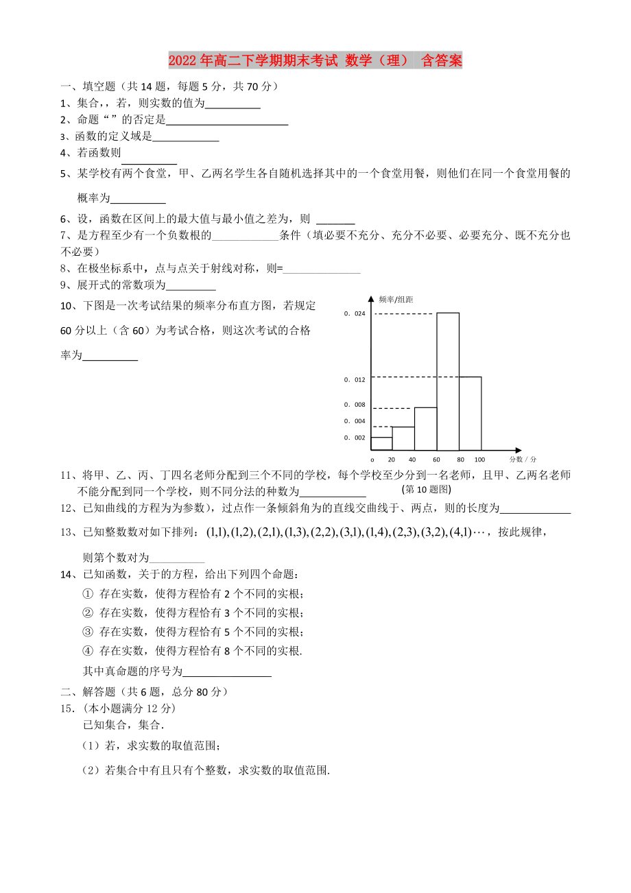 2022年高二下學期期末考試 數(shù)學（理） 含答案_第1頁