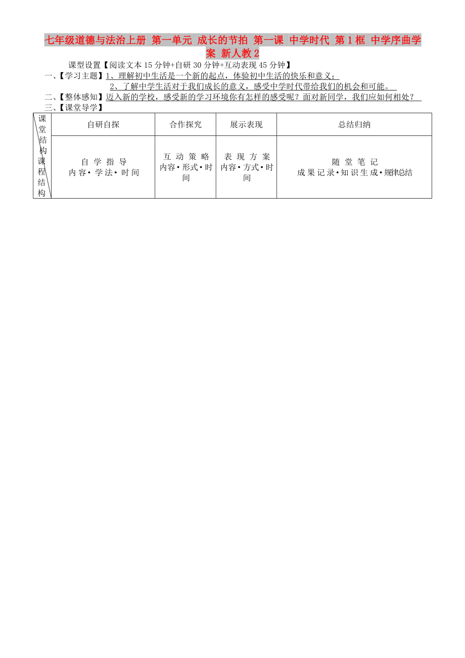 七年級道德與法治上冊 第一單元 成長的節(jié)拍 第一課 中學時代 第1框 中學序曲學案 新人教2_第1頁