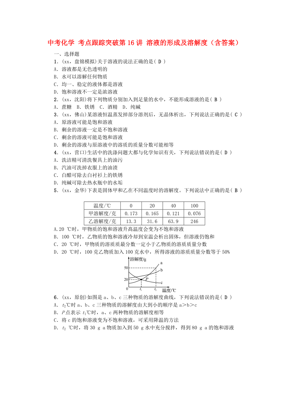 中考化學(xué) 考點(diǎn)跟蹤突破第16講 溶液的形成及溶解度（含答案）_第1頁(yè)