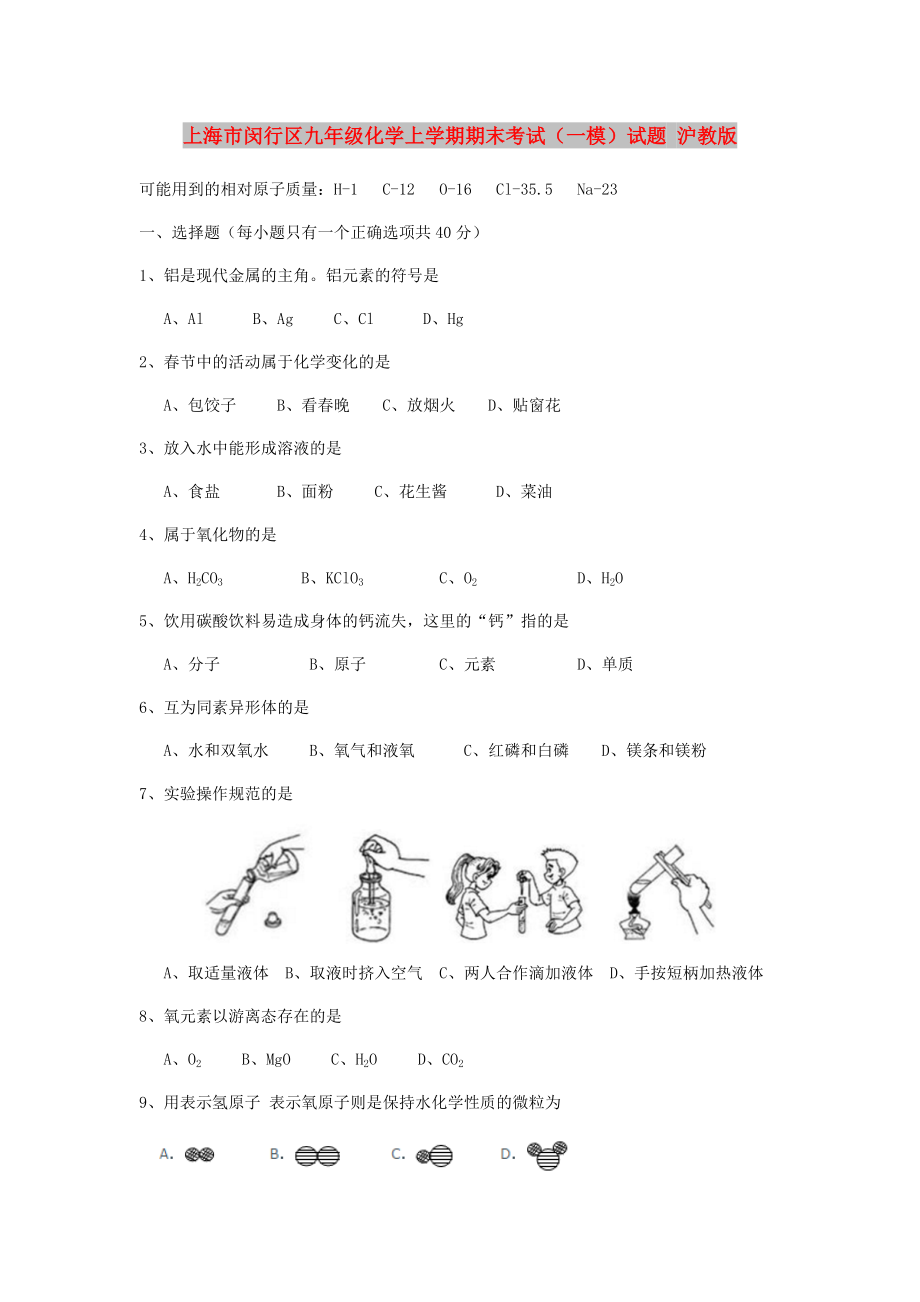 上海市闵行区九年级化学上学期期末考试（一模）试题 沪教版_第1页