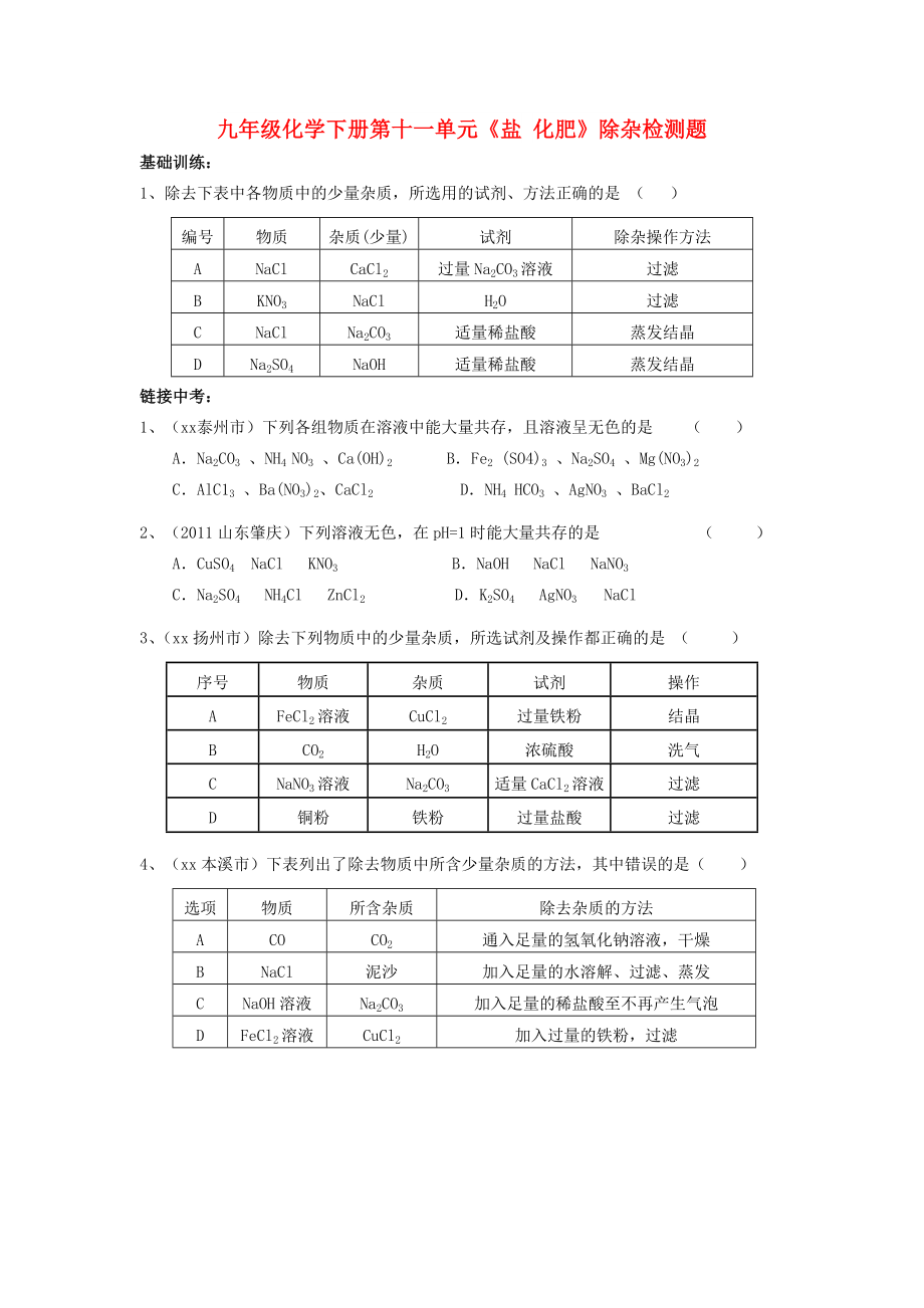 九年級化學(xué)下冊第十一單元《鹽 化肥》除雜檢測題_第1頁