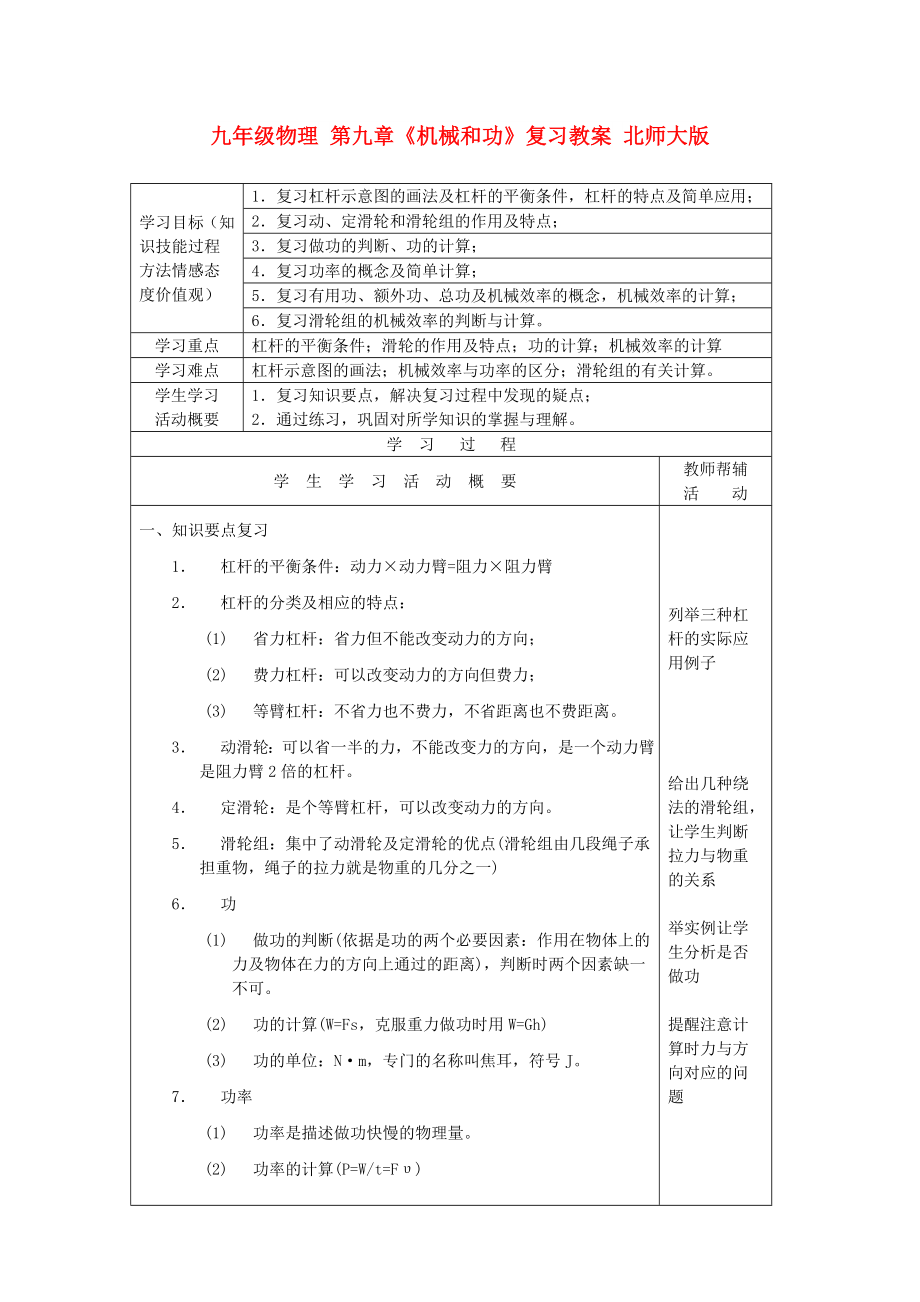 九年級物理 第九章《機(jī)械和功》復(fù)習(xí)教案 北師大版_第1頁