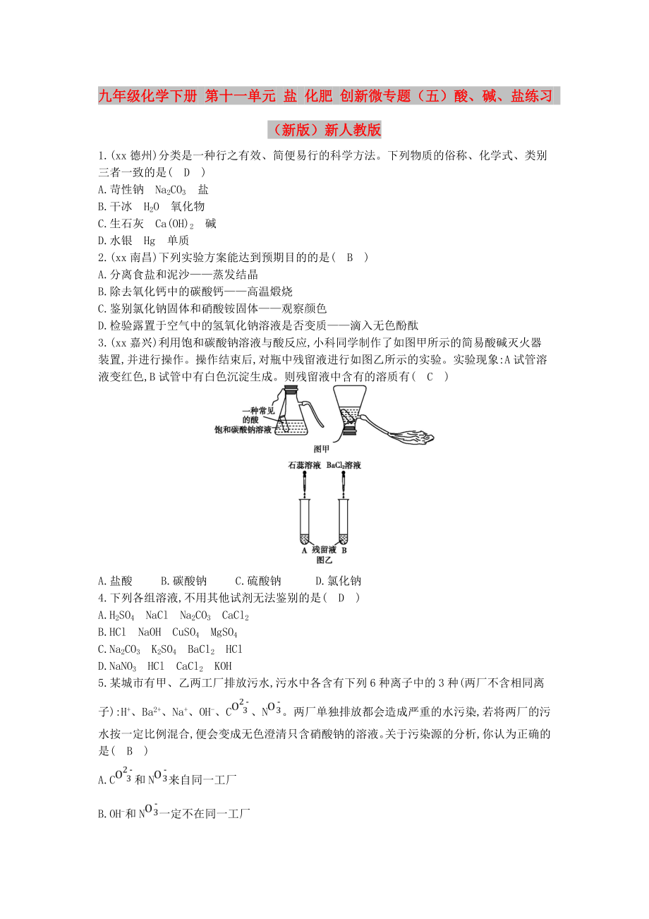 九年級化學(xué)下冊 第十一單元 鹽 化肥 創(chuàng)新微專題（五）酸、堿、鹽練習(xí) （新版）新人教版_第1頁