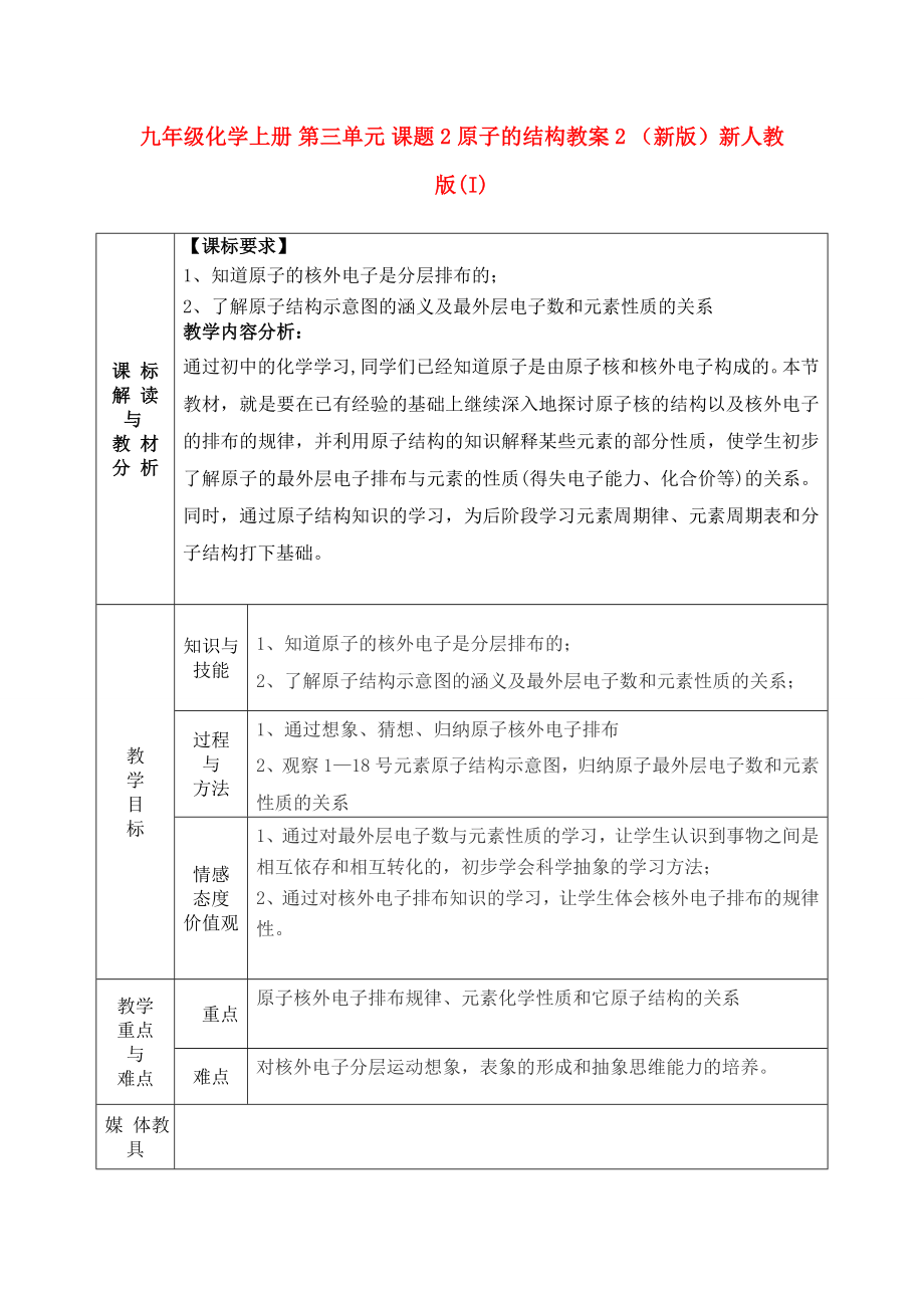 九年級化學(xué)上冊 第三單元 課題2 原子的結(jié)構(gòu)教案2 （新版）新人教版(I)_第1頁