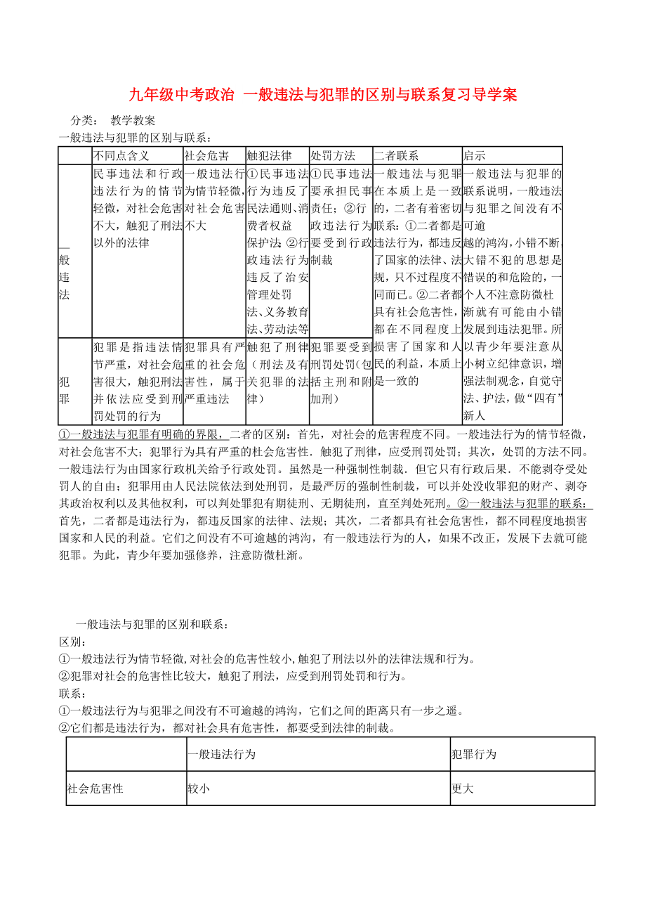 九年級中考政治 一般違法與犯罪的區(qū)別與聯(lián)系復(fù)習(xí)導(dǎo)學(xué)案_第1頁