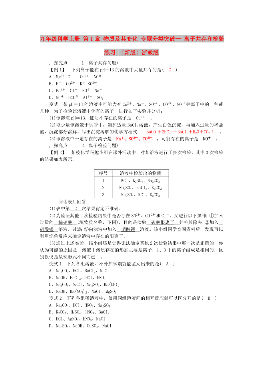 九年級(jí)科學(xué)上冊(cè) 第1章 物質(zhì)及其變化 專題分類突破一 離子共存和檢驗(yàn)練習(xí) （新版）浙教版_第1頁(yè)