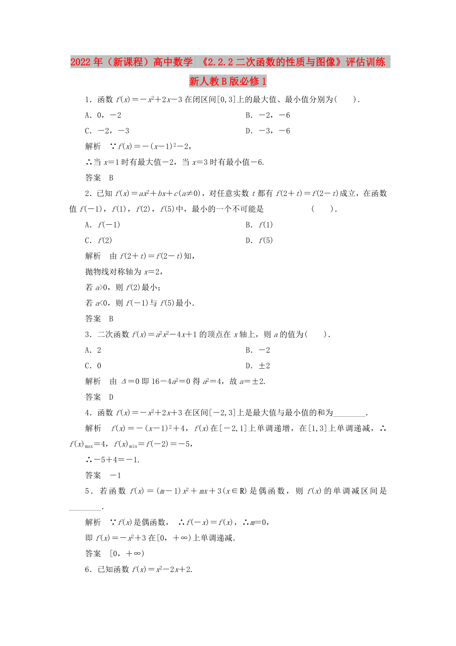 2022年（新课程）高中数学 《2.2.2二次函数的性质与图像》评估训练 新人教B版必修1_第1页