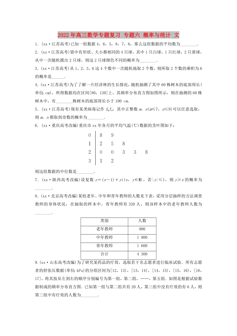 2022年高三數(shù)學(xué)專(zhuān)題復(fù)習(xí) 專(zhuān)題六 概率與統(tǒng)計(jì) 文_第1頁(yè)