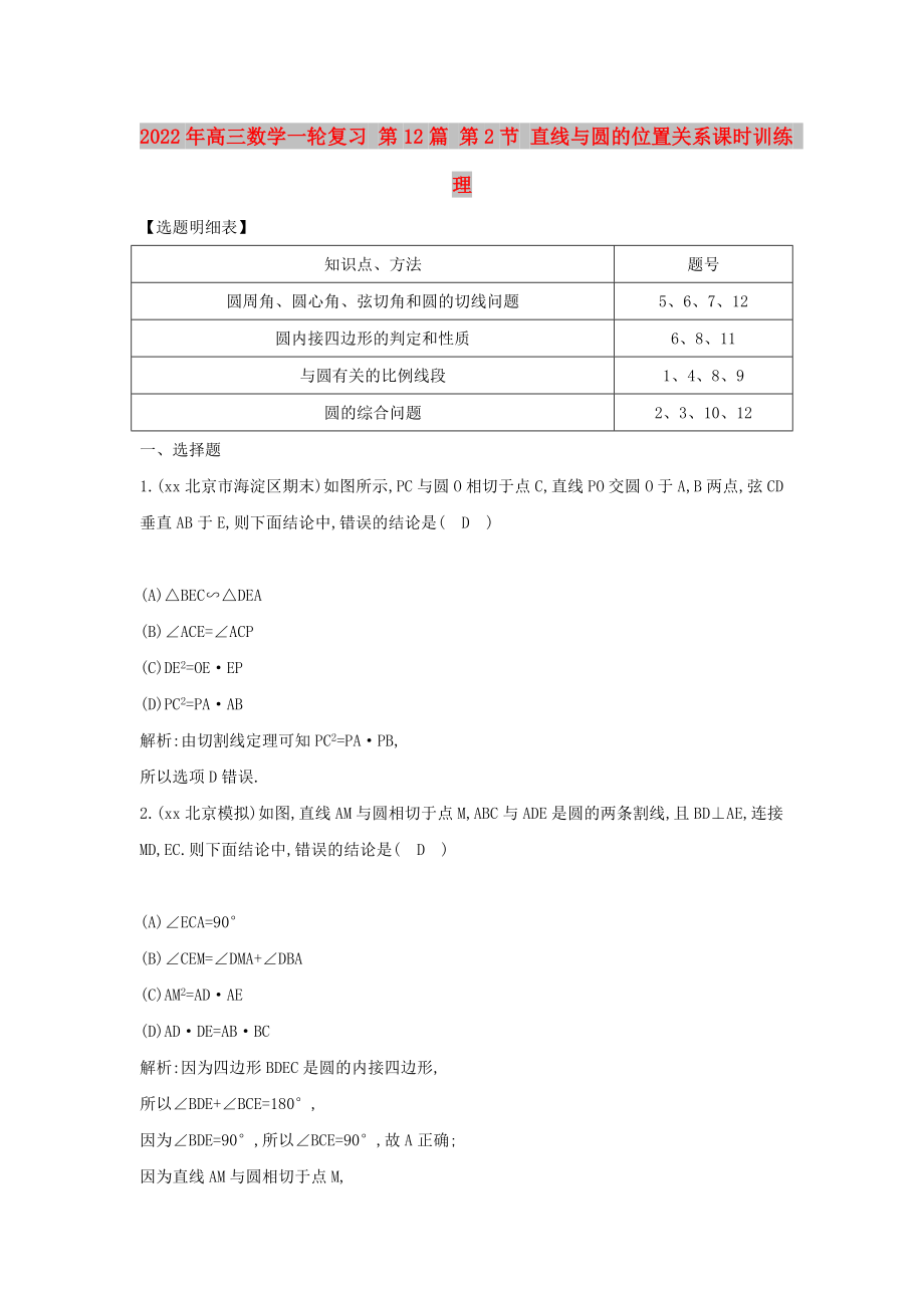 2022年高三数学一轮复习 第12篇 第2节 直线与圆的位置关系课时训练 理_第1页