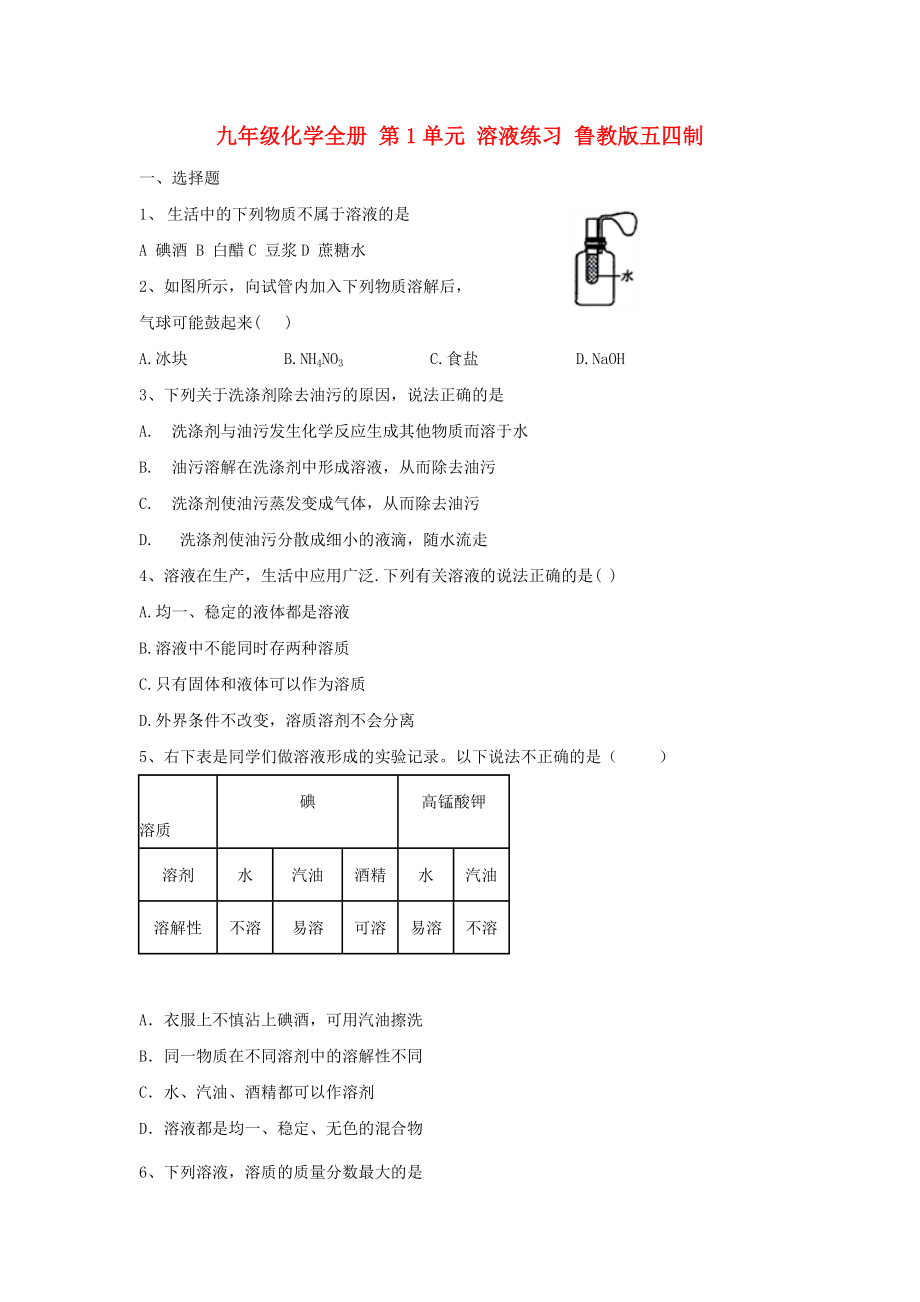 九年級(jí)化學(xué)全冊(cè) 第1單元 溶液練習(xí) 魯教版五四制_第1頁