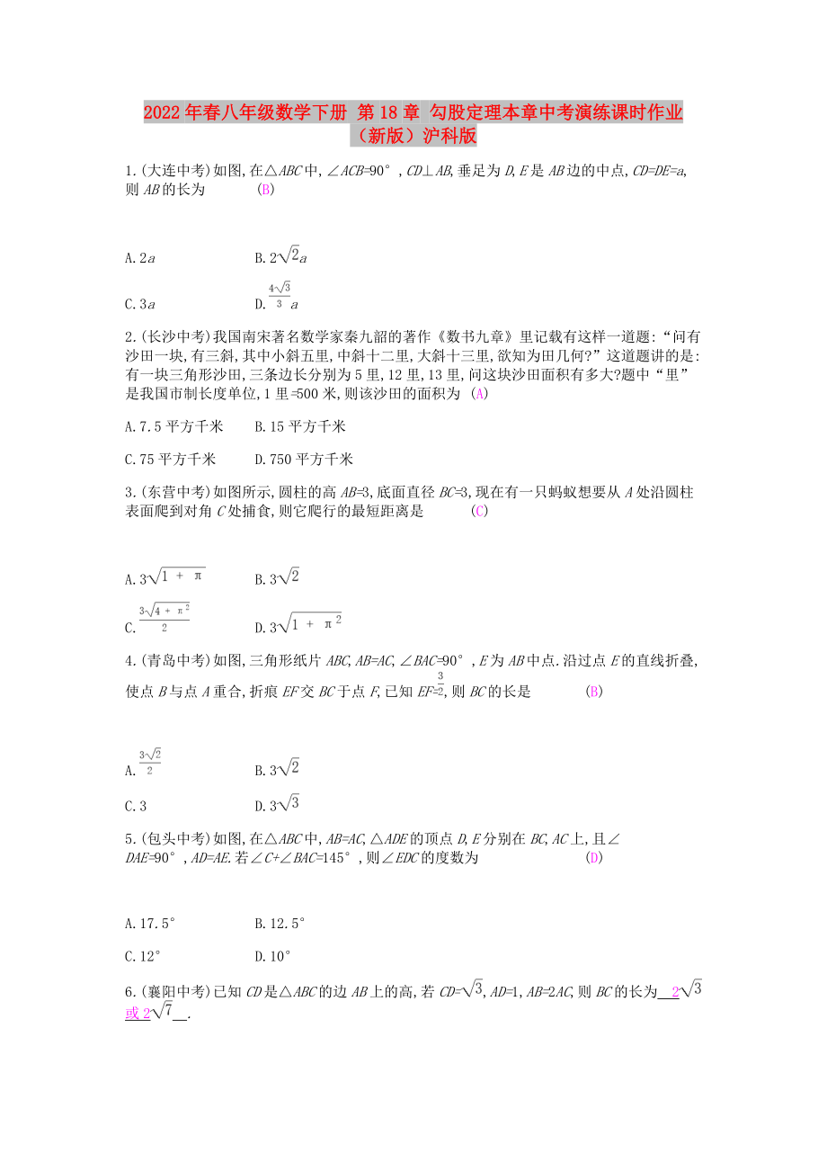 2022年春八年級(jí)數(shù)學(xué)下冊(cè) 第18章 勾股定理本章中考演練課時(shí)作業(yè) （新版）滬科版_第1頁(yè)