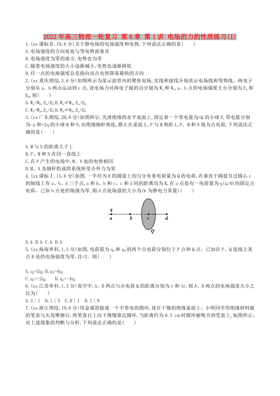 2022年高三物理一輪復(fù)習(xí) 第6章 第1講 電場(chǎng)的力的性質(zhì)練習(xí)(I)_第1頁