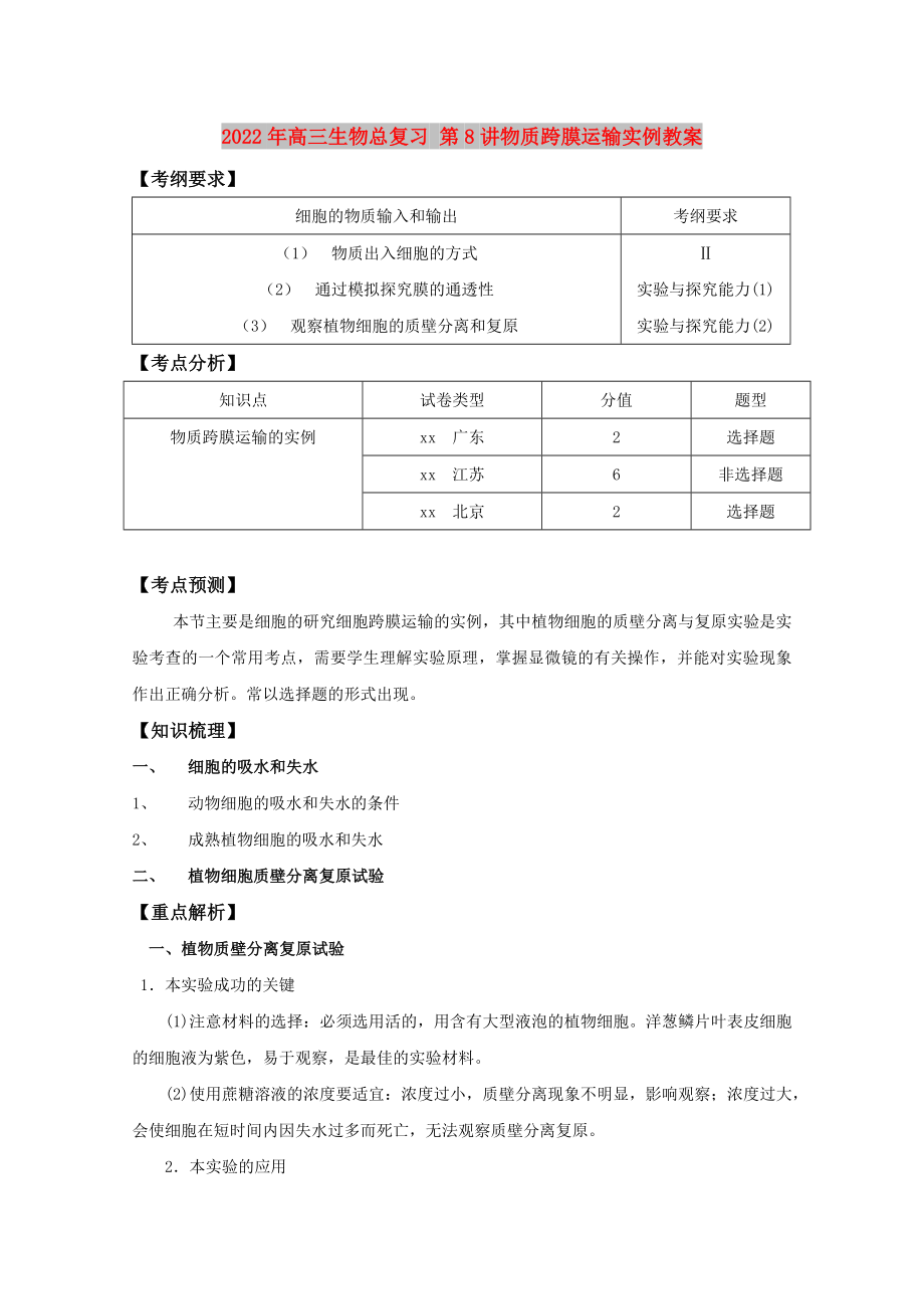 2022年高三生物总复习 第8讲物质跨膜运输实例教案_第1页