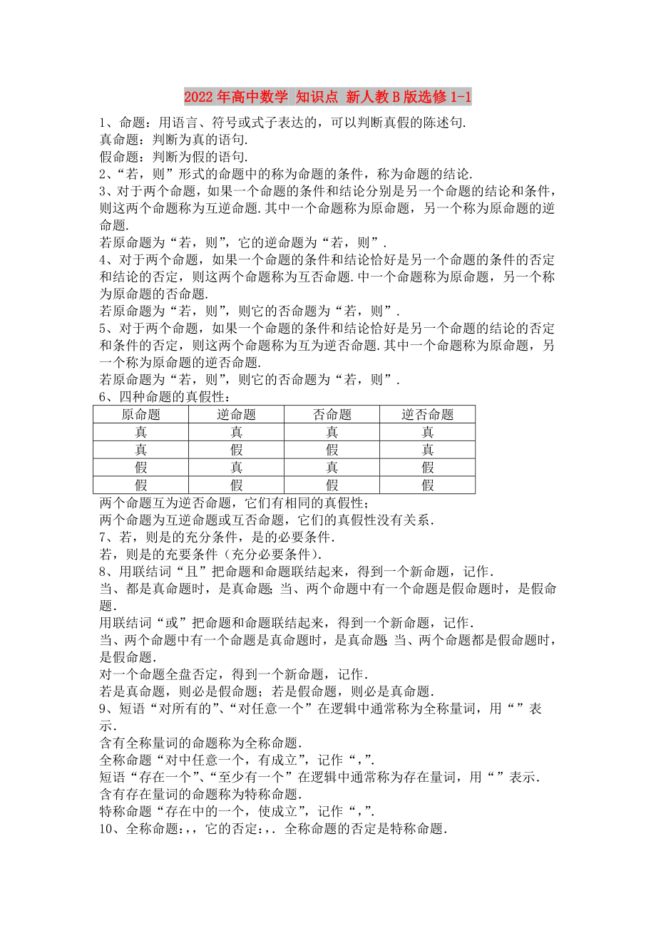 2022年高中數(shù)學(xué) 知識(shí)點(diǎn) 新人教B版選修1-1_第1頁