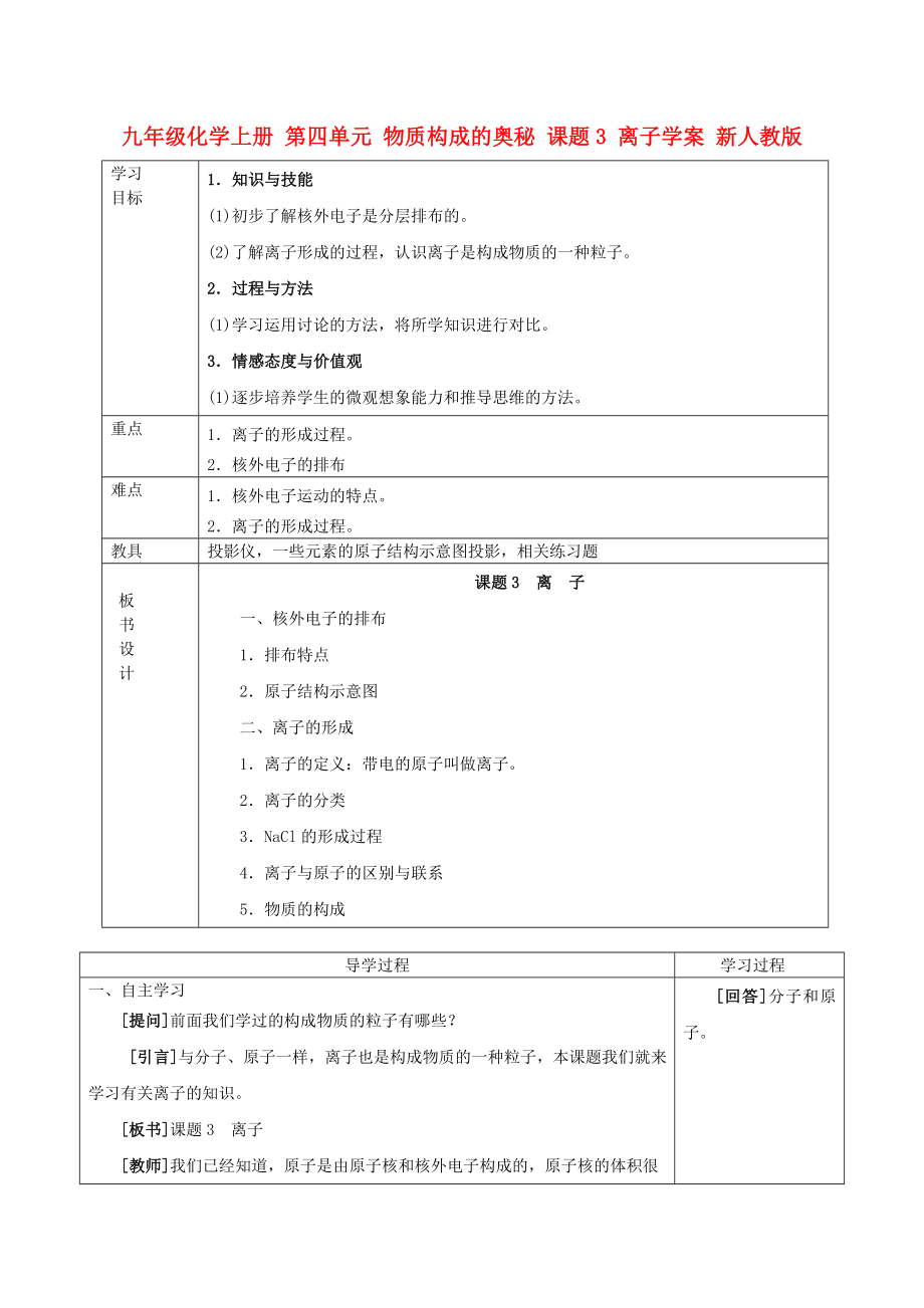 九年級(jí)化學(xué)上冊(cè) 第四單元 物質(zhì)構(gòu)成的奧秘 課題3 離子學(xué)案 新人教版_第1頁(yè)