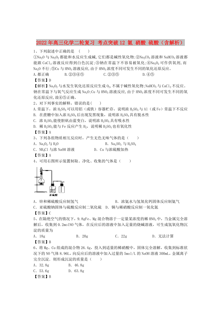 2022年高三化学二轮复习 考点突破12 氨 硝酸 硫酸（含解析）_第1页