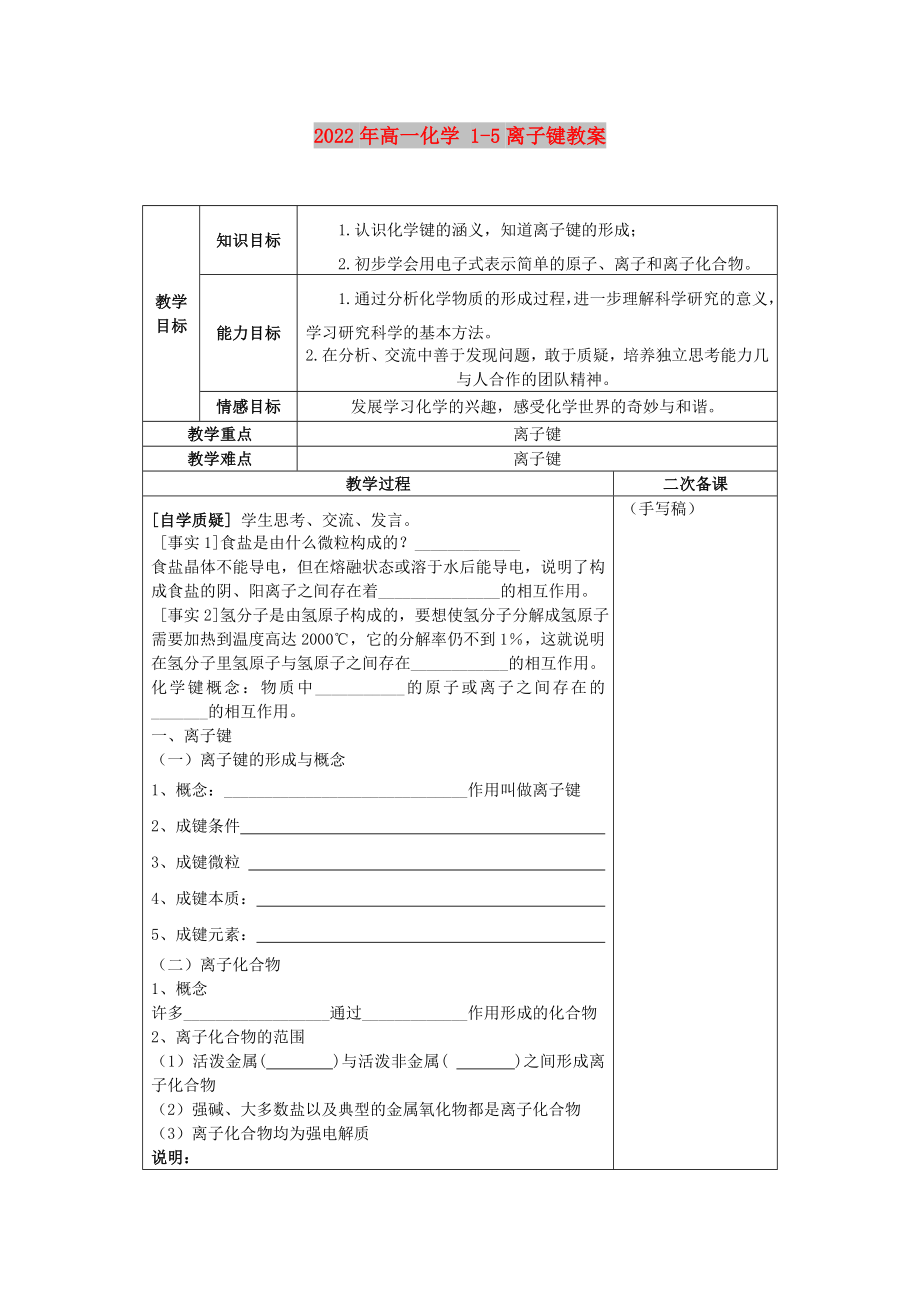 2022年高一化學(xué) 1-5離子鍵教案_第1頁