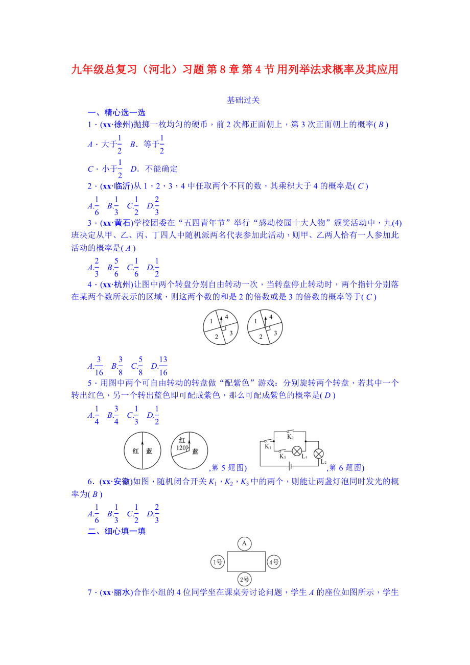 九年級(jí)總復(fù)習(xí)（河北）習(xí)題 第8章 第4節(jié) 用列舉法求概率及其應(yīng)用_第1頁