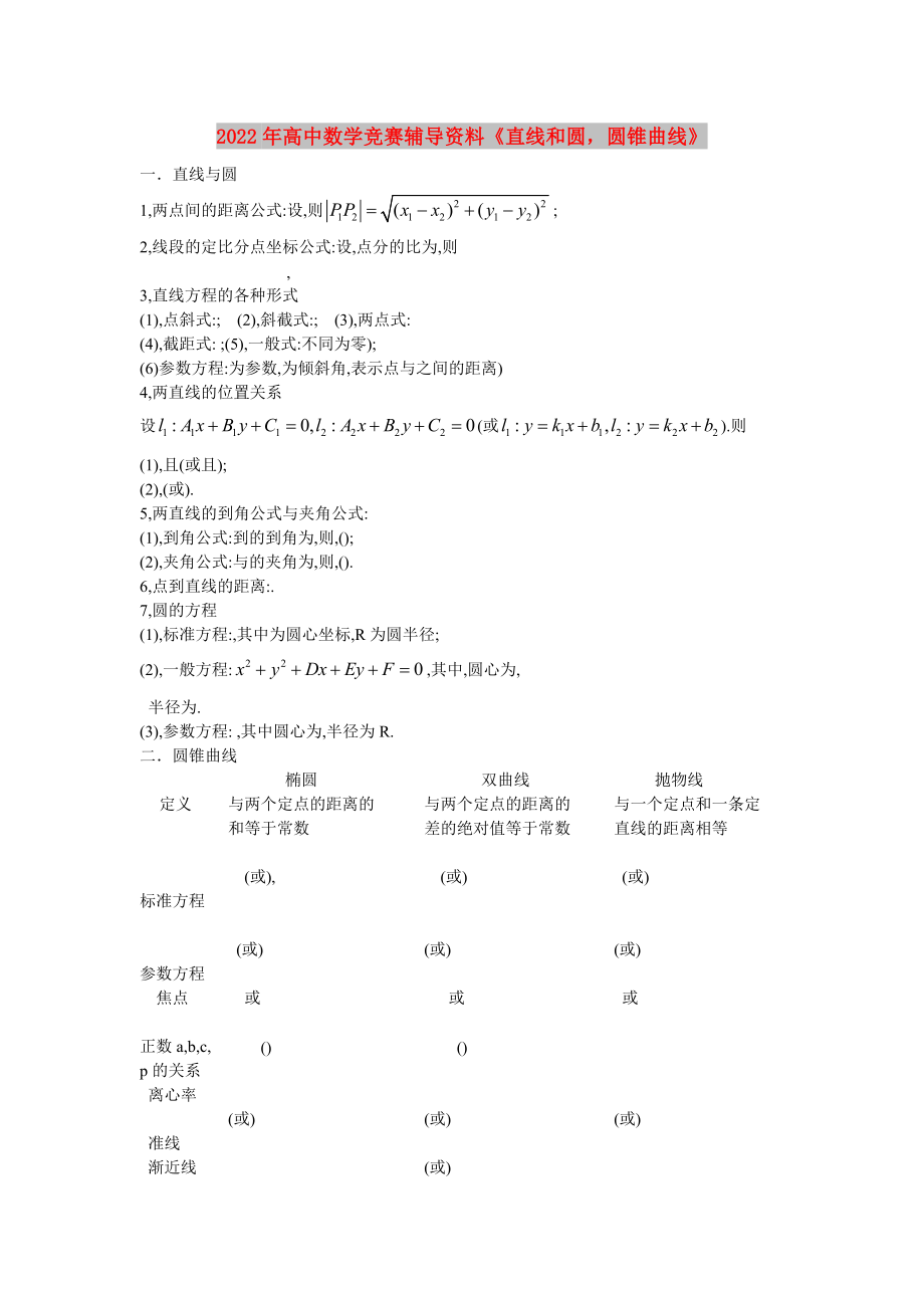 2022年高中數(shù)學競賽輔導資料《直線和圓圓錐曲線》_第1頁