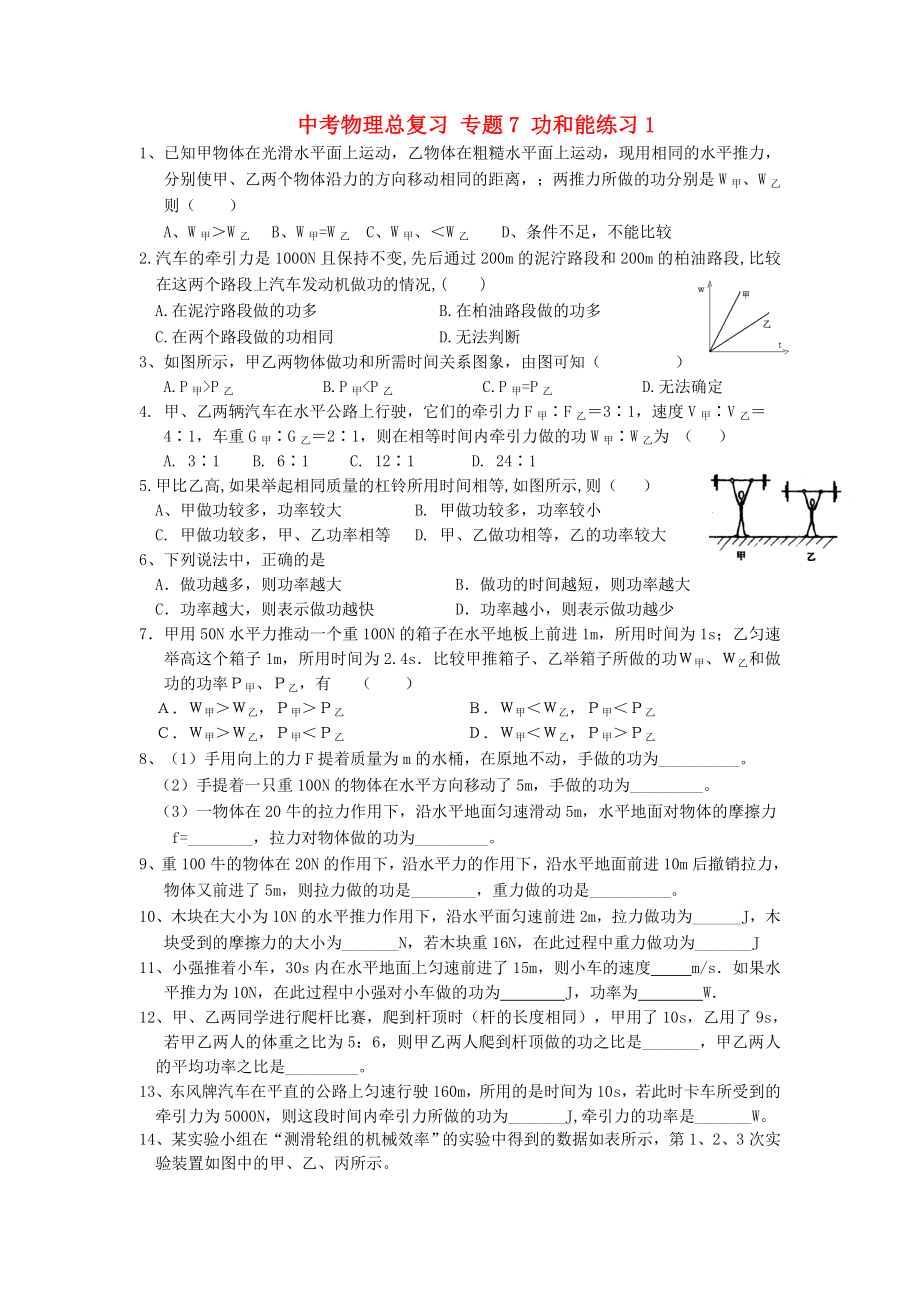 中考物理總復(fù)習(xí) 專題7 功和能練習(xí)1_第1頁