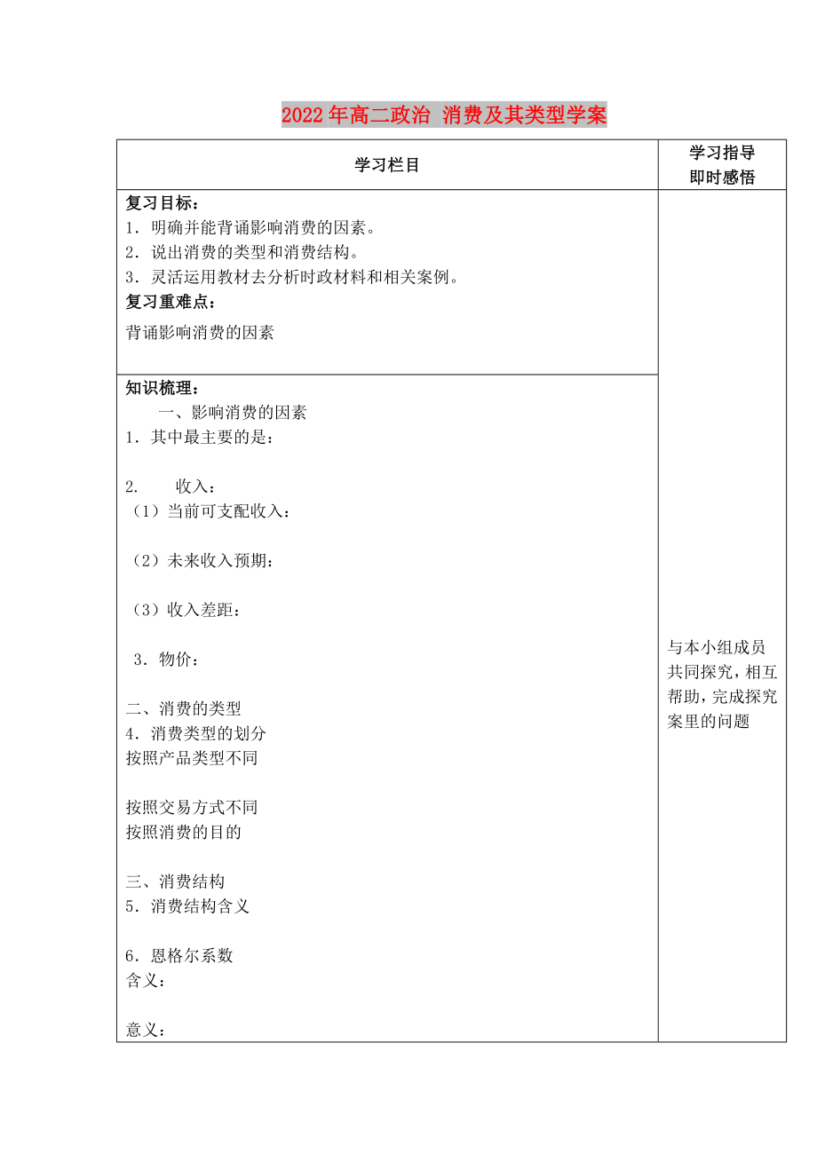 2022年高二政治 消費(fèi)及其類型學(xué)案_第1頁