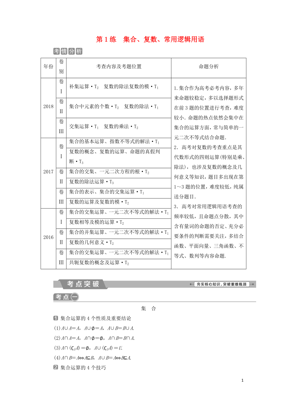 2019屆高考數(shù)學(xué)二輪復(fù)習(xí) 第二部分 突破熱點(diǎn) 分層教學(xué) 專項(xiàng)一 1 第1練 集合、復(fù)數(shù)、常用邏輯用語學(xué)案_第1頁