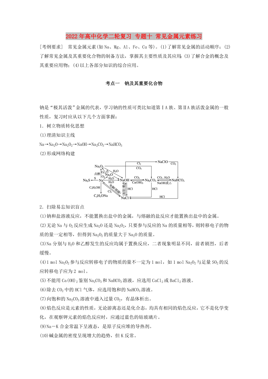 2022年高中化學(xué)二輪復(fù)習(xí) 專題十 常見金屬元素練習(xí)_第1頁