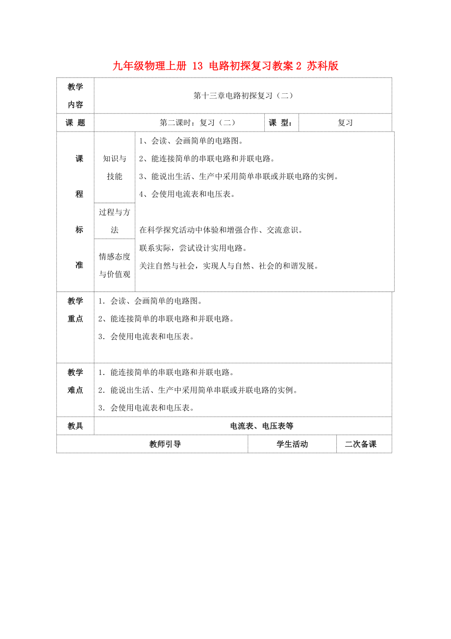 九年級物理上冊 13 電路初探復習教案2 蘇科版_第1頁