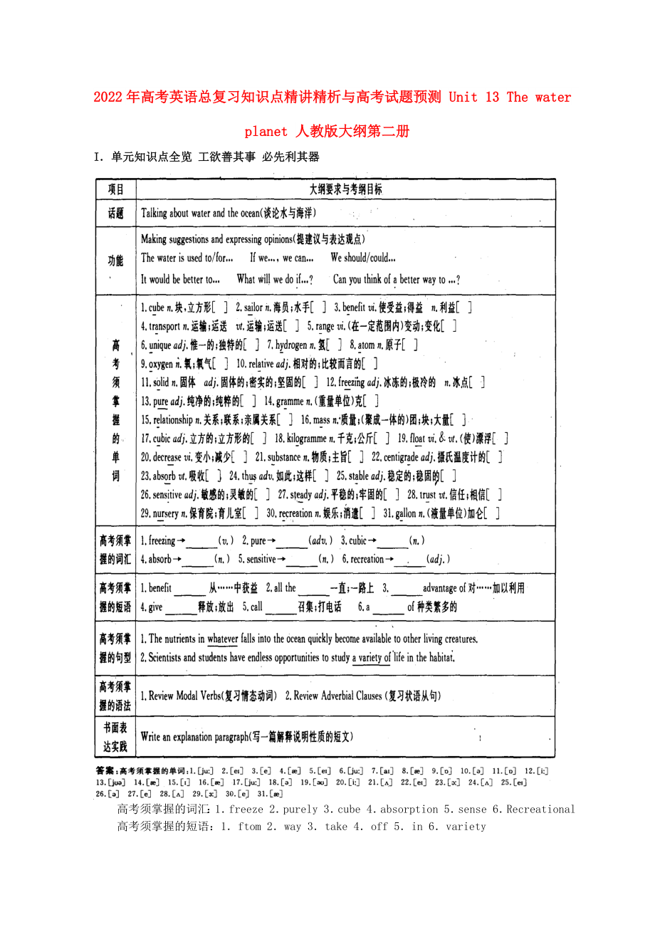 2022年高考英語總復(fù)習(xí)知識(shí)點(diǎn)精講精析與高考試題預(yù)測 Unit 13 The water planet 人教版大綱第二冊(cè)_第1頁